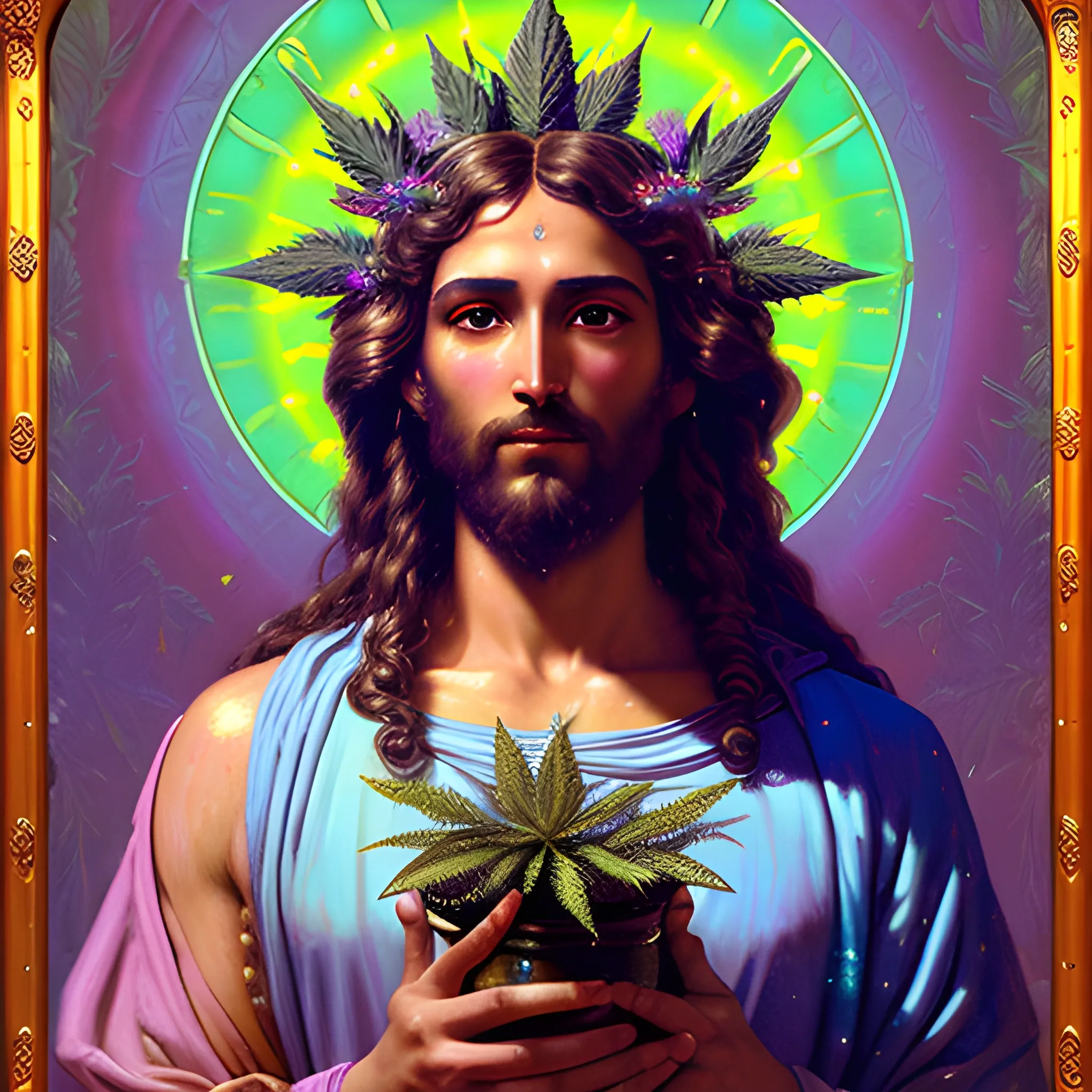 eoclassicist colorful blacklight uv highly detailed painting of Jesus as a marijuana goddess, ethereal fantasy hyperdetailed mist, maximalist matte painting, polished, realistic oil painting; old fashioned, vintage, antique; luminous color sparkles, marijuana, by gaston bussiere, craig mullins, j. c. leyendecker, norman rockwell