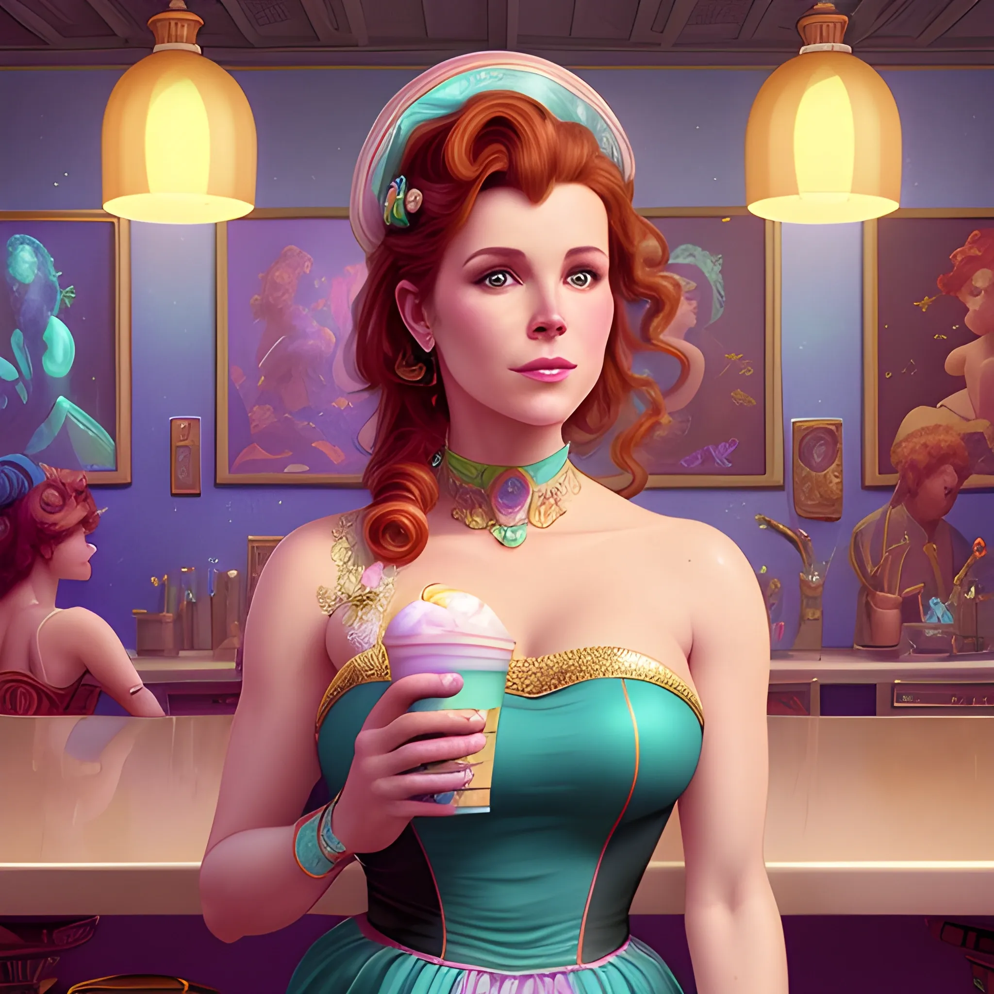 neoclassicist colorful blacklight uv highly detailed painting Robyn Lively with a milkshake in a 50's diner, highly detailed beautiful face; glitter, renaissance; high contrast, pastel, sorbet, pearlescent, underwater, surreal, Unreal Engine 5; by Dan Parent, Alphonse Mucha, Artgerm, WLOP, intricately detailed, fantasy, bizarre, beautiful, Chromolithography, Soft Shading, Unreal Engine; digital painting, smooth, sharp focus, illustration, art by lisa frank, Steve Goad, Frank Frazetta, William-Adolphe Bouguereau, Unreal Engine 5