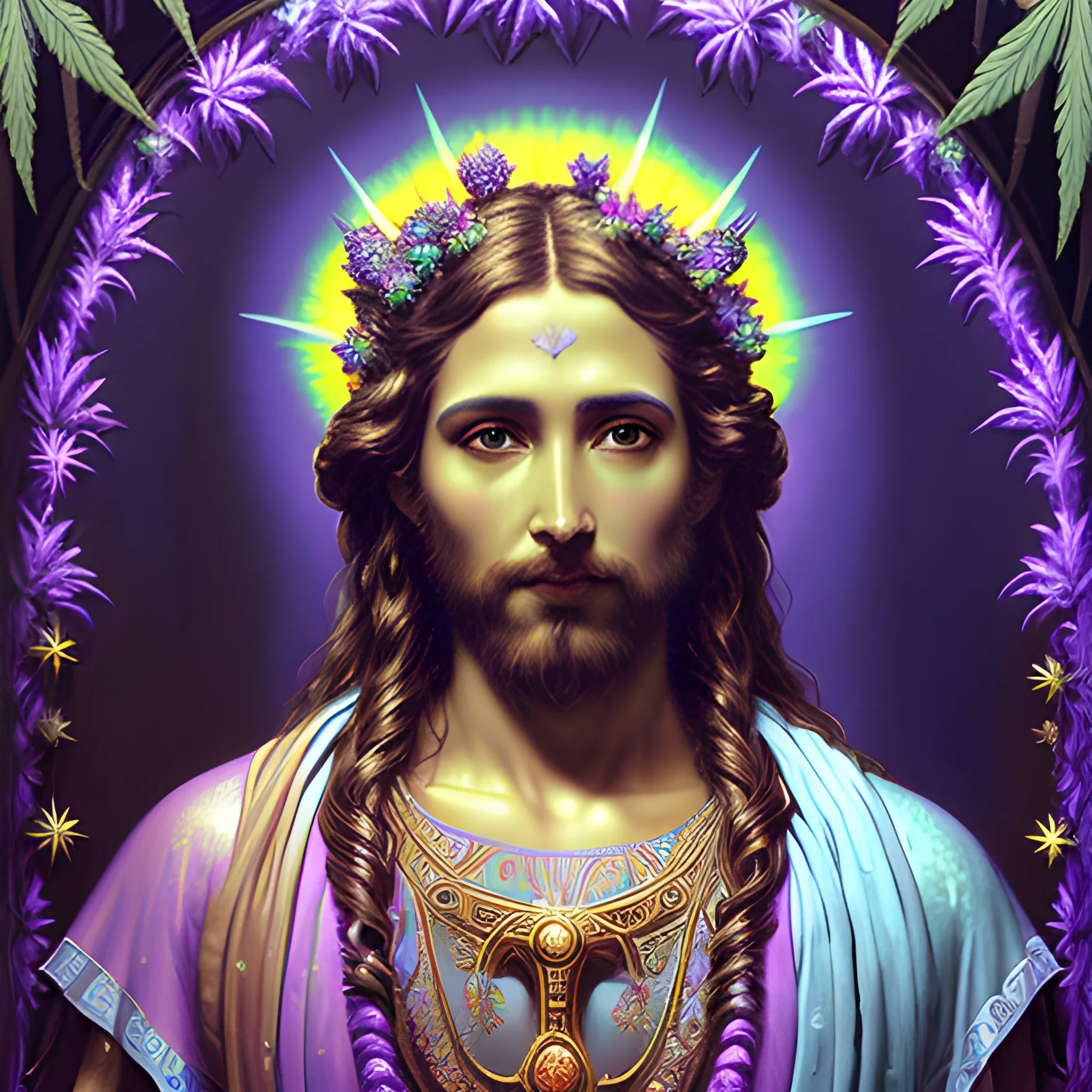 eoclassicist colorful blacklight uv highly detailed painting of Jesus as a marijuana goddess, ethereal fantasy hyperdetailed mist, maximalist matte painting, polished, realistic oil painting; old fashioned, vintage, antique; luminous color sparkles, marijuana, by gaston bussiere, craig mullins, j. c. leyendecker, norman rockwell