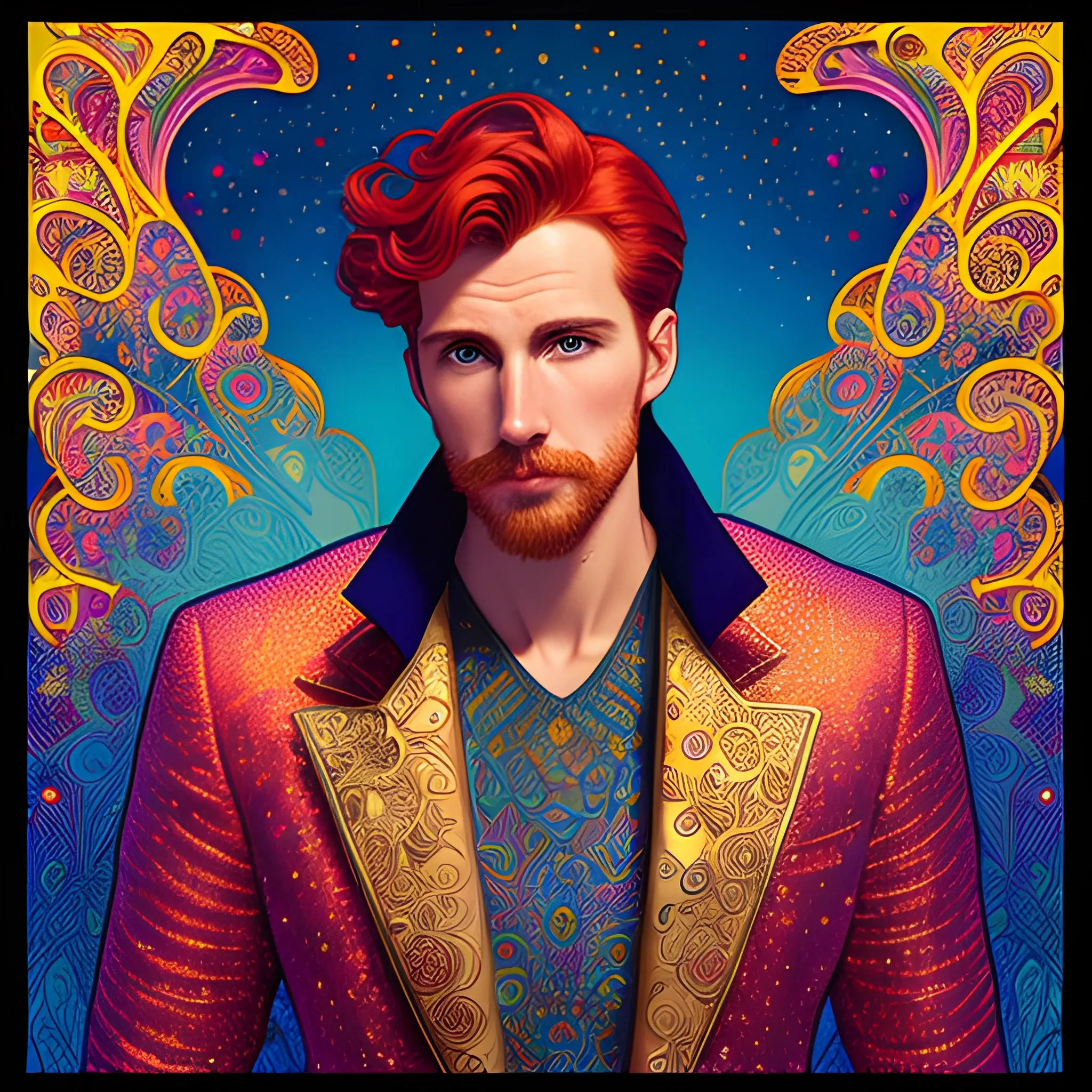 male model Gwilym Pugh, his highly detailed handsome face, meticulously detailed multi-hued red hair; by James R. Eads, Fausto-Giurescu, Tania Rivilis, Maxfield Parrish, Alphonse Mucha, Dan Mumford; luminous colorful sparkles, glitter, airbrush, depth of field, volumetric lighting, deep color, underground comix