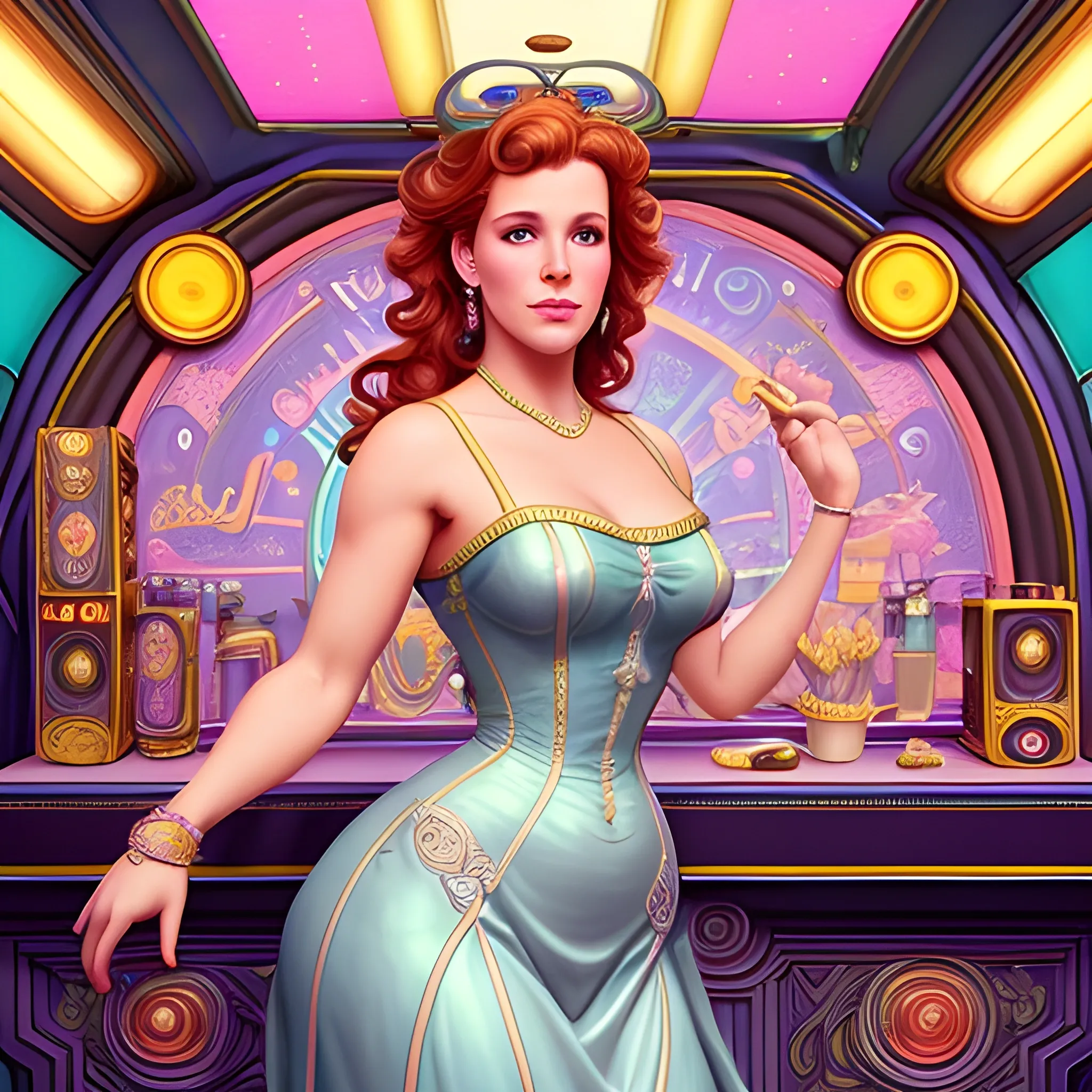 neoclassicist colorful blacklight uv highly detailed painting Robyn Lively by a jukebox in a 50's diner, highly detailed beautiful face; glitter, renaissance; high contrast, pastel, sorbet, pearlescent, underwater, surreal, Unreal Engine 5; by Dan Parent, Alphonse Mucha, Artgerm, WLOP, intricately detailed, fantasy, bizarre, beautiful, Chromolithography, Soft Shading, Unreal Engine; digital painting, smooth, sharp focus, illustration, art by lisa frank, Steve Goad, Frank Frazetta, William-Adolphe Bouguereau, Unreal Engine 5