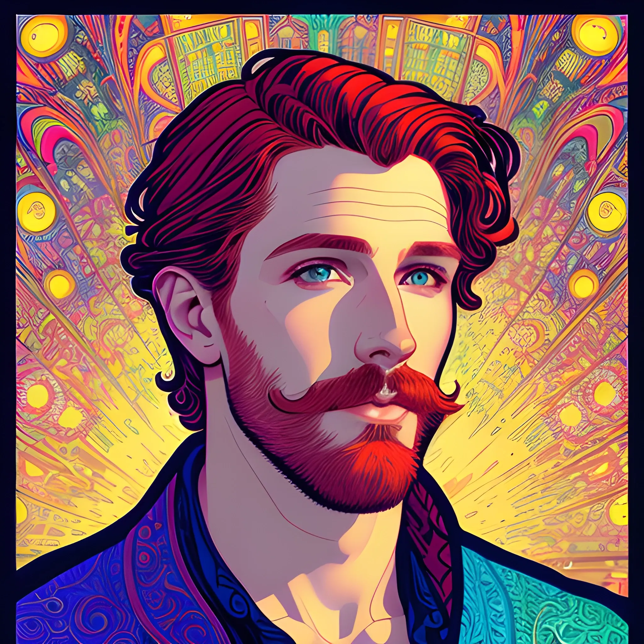 male model Gwilym Pugh, his highly detailed handsome face, meticulously detailed multi-hued red hair; by James R. Eads, Fausto-Giurescu, Tania Rivilis, Maxfield Parrish, Alphonse Mucha, Dan Mumford; luminous colorful sparkles, glitter, airbrush, depth of field, volumetric lighting, deep color, underground comix