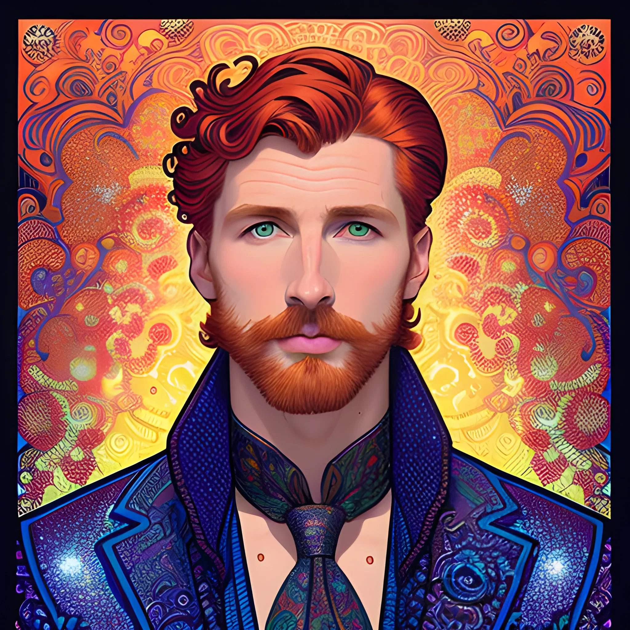 male model Gwilym Pugh, his highly detailed handsome face, meticulously detailed multi-hued red hair; by James R. Eads, Fausto-Giurescu, Tania Rivilis, Maxfield Parrish, Alphonse Mucha, Dan Mumford; luminous colorful sparkles, glitter, airbrush, depth of field, volumetric lighting, deep color, underground comix