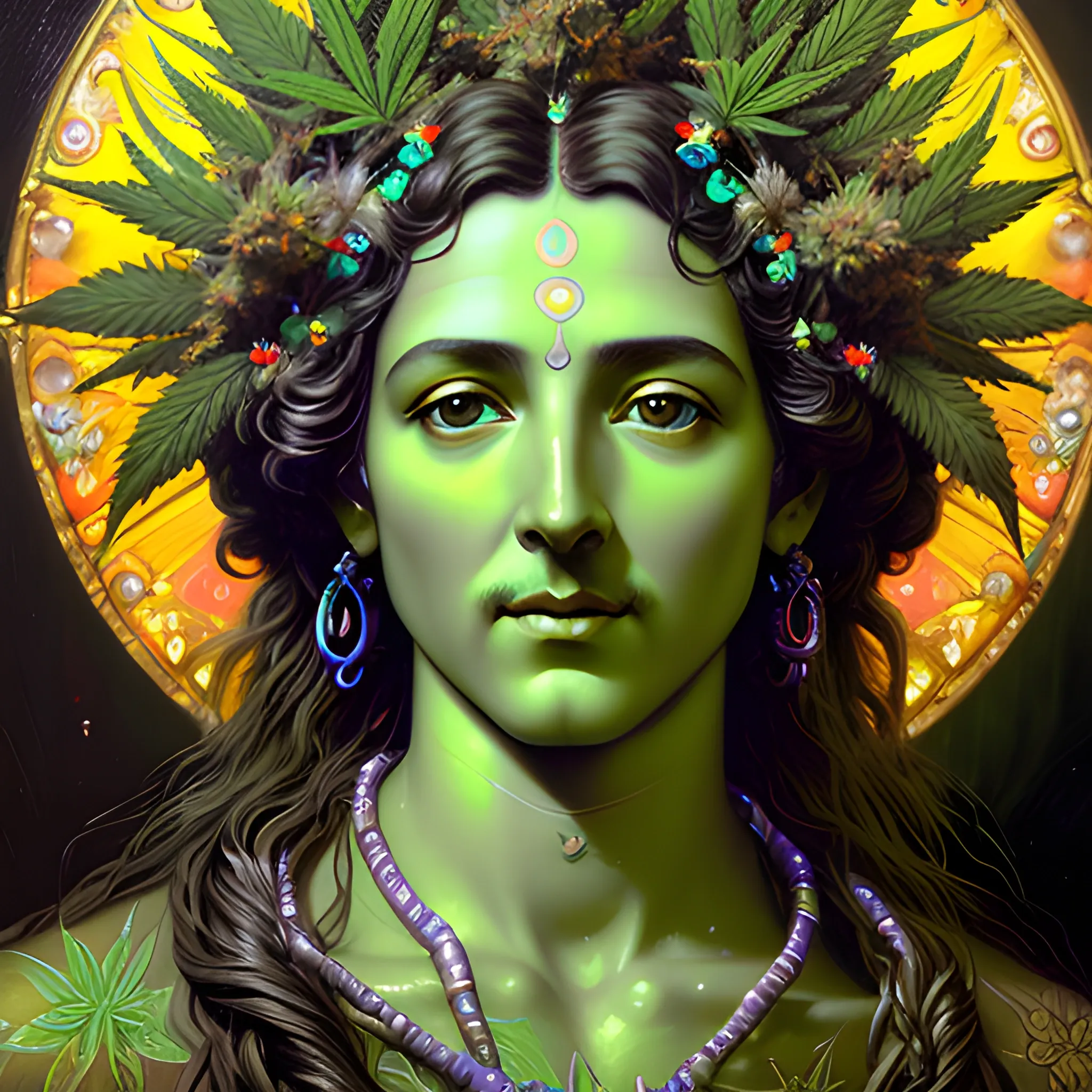 eoclassicist colorful blacklight uv highly detailed painting of Jesus as a marijuana goddess, ethereal fantasy hyperdetailed mist, maximalist matte painting, polished, realistic oil painting; old fashioned, vintage, antique; luminous color sparkles, marijuana, by gaston bussiere, craig mullins, j. c. leyendecker, norman rockwell