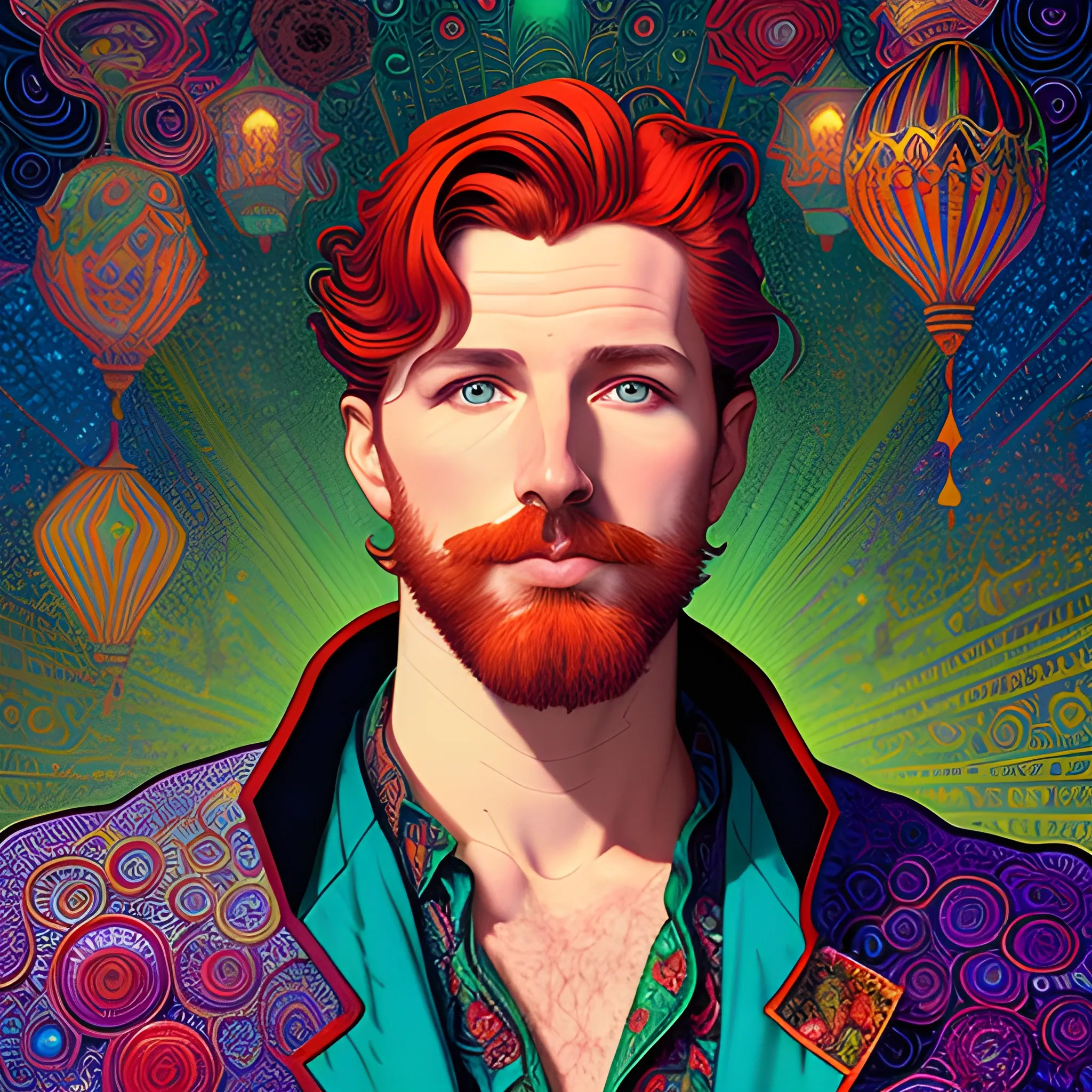 male model Gwilym Pugh, his highly detailed handsome face, meticulously detailed multi-hued red hair; by James R. Eads, Fausto-Giurescu, Tania Rivilis, Maxfield Parrish, Alphonse Mucha, Dan Mumford; luminous colorful sparkles, glitter, airbrush, depth of field, volumetric lighting, deep color, underground comix, 3D