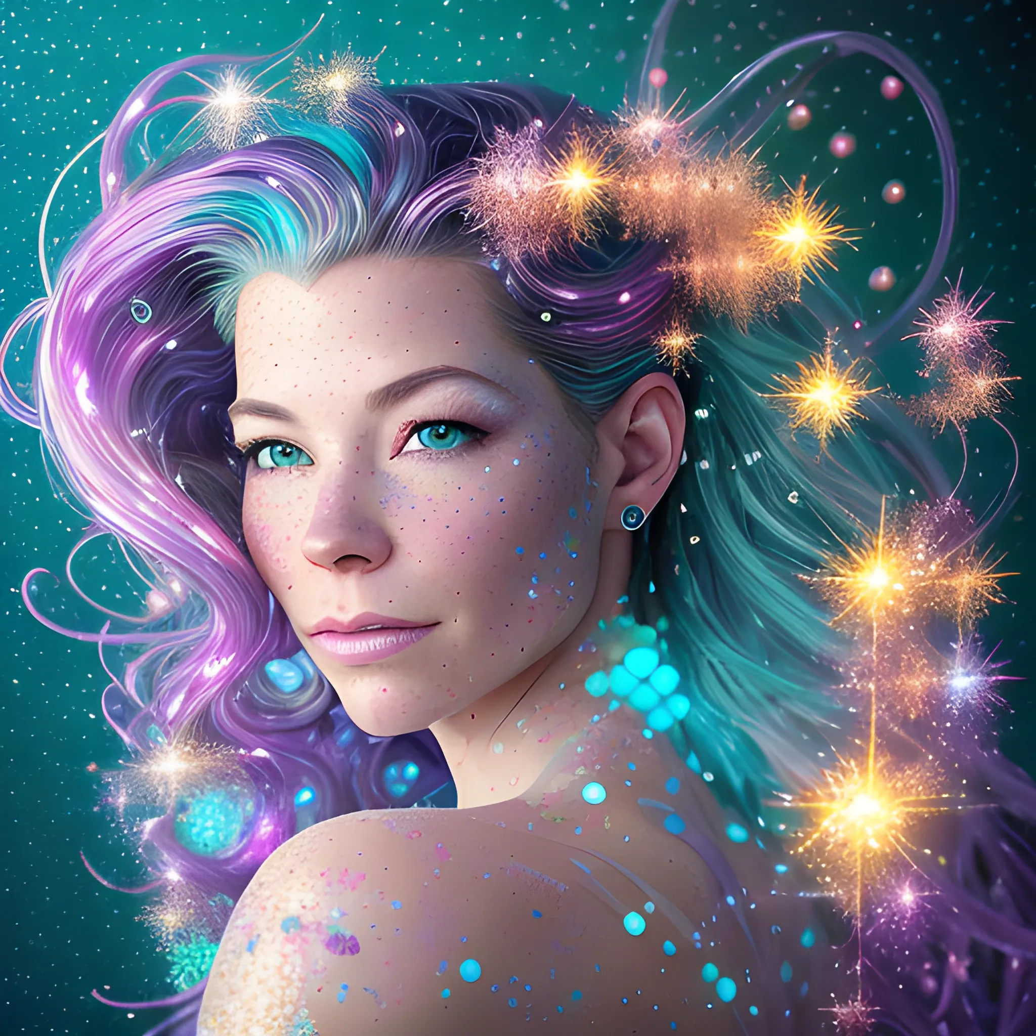 hyperdetailed oil on canvas, beautiful Evangeline Lilly as a mermaid, beautiful lavender turquoise speckled eyes, her perfect, softly freckled, precisely detailed face, multi-hued long flowing hair, purple blue pink green orange red yellow luminous color sparkles; glitter, Aja Trier, James R. Eads, Gawki, rajewel, Tania Rivilis, glitter, airbrush, Octane Render, volumetric lighting, 3D