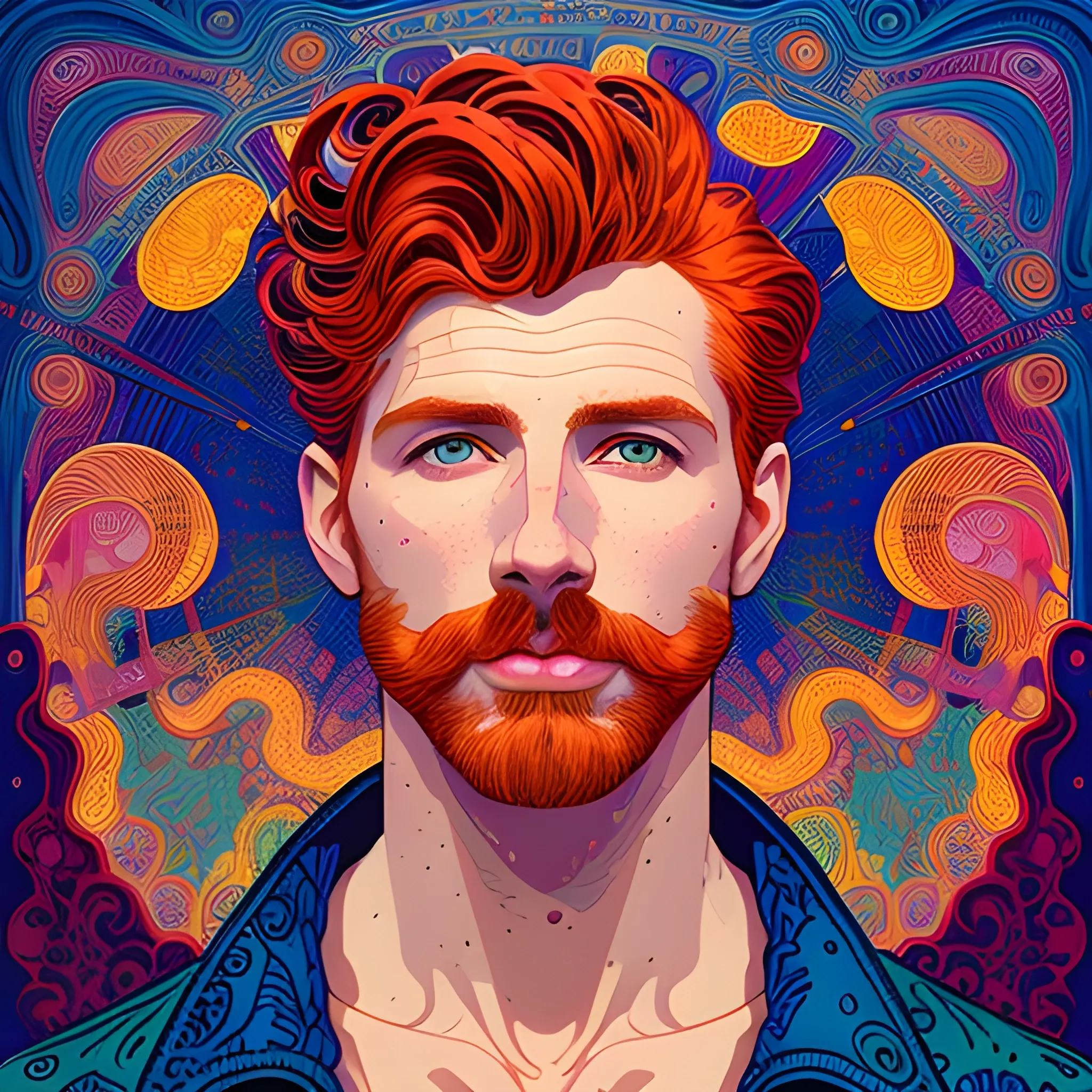 male model Gwilym Pugh, his highly detailed handsome face, meticulously detailed multi-hued red hair; by James R. Eads, Fausto-Giurescu, Tania Rivilis, Maxfield Parrish, Alphonse Mucha, Dan Mumford; luminous colorful sparkles, glitter, airbrush, depth of field, volumetric lighting, deep color, underground comix, 3D