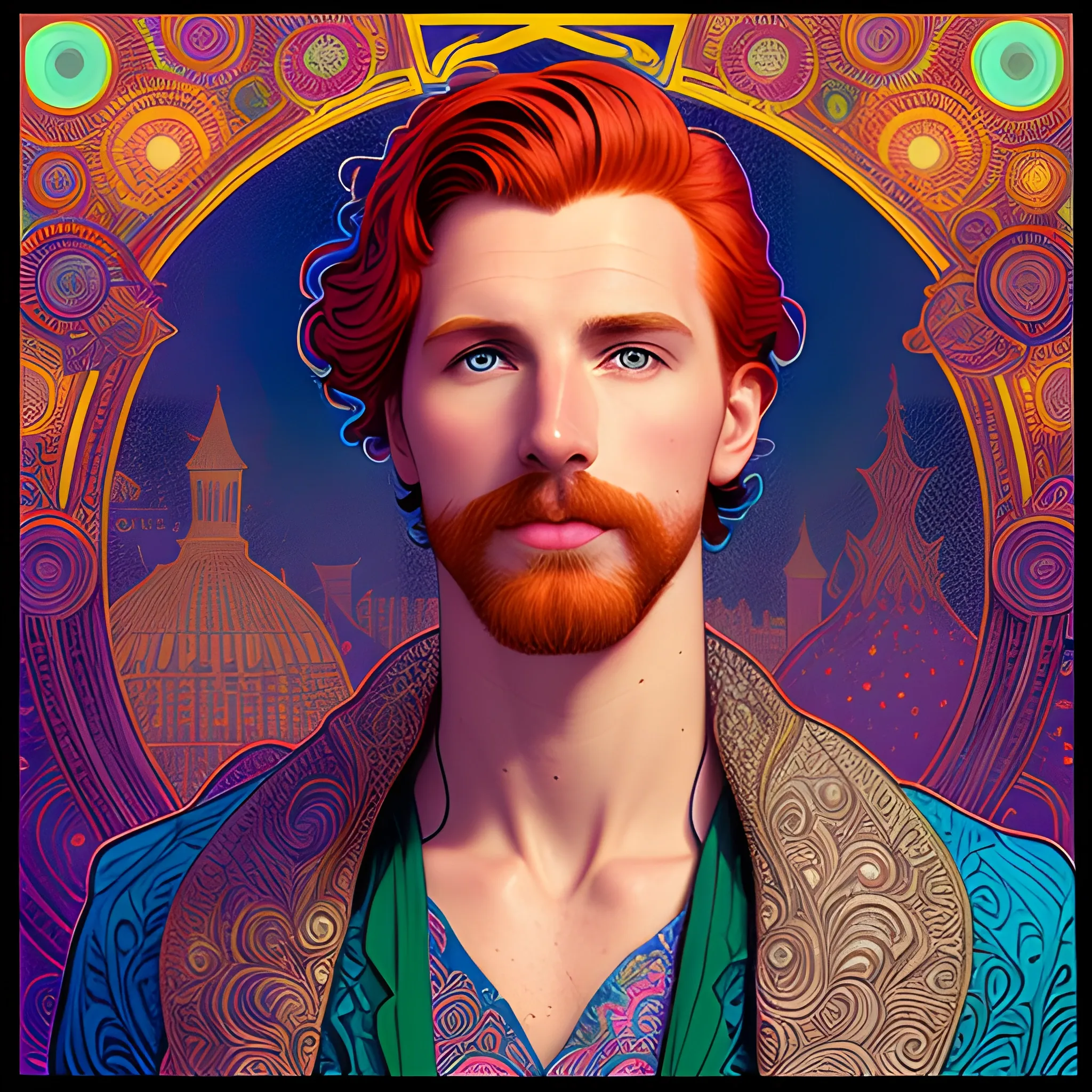 male model Gwilym Pugh, his highly detailed handsome face, meticulously detailed multi-hued red hair; by James R. Eads, Fausto-Giurescu, Tania Rivilis, Maxfield Parrish, Alphonse Mucha, Dan Mumford; luminous colorful sparkles, glitter, airbrush, depth of field, volumetric lighting, deep color, underground comix, 3D