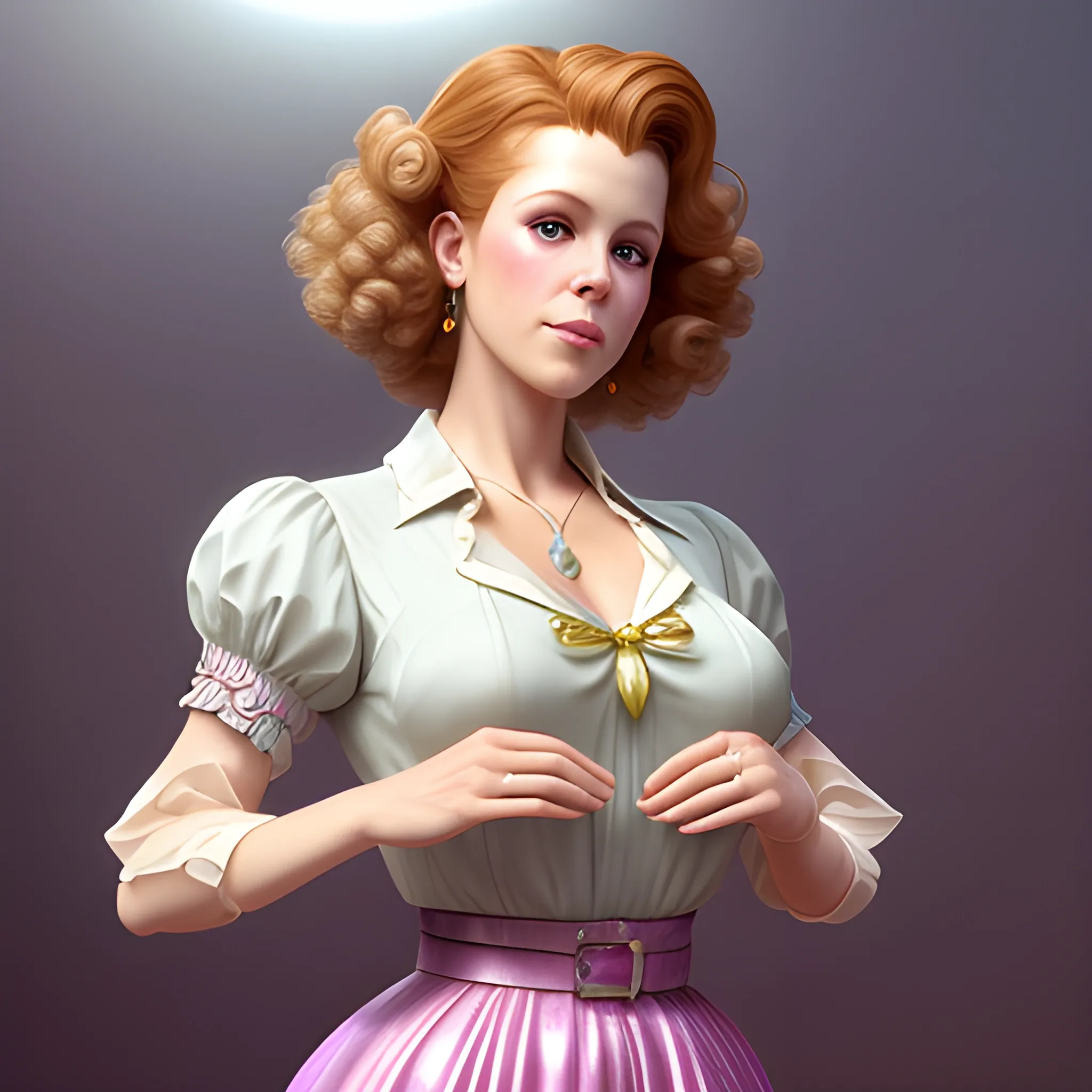 Robyn Lively waering a poodle skirt and penny loafers at a sock hop, highly detailed beautiful face; glitter, renaissance; high contrast, pastel, sorbet, pearlescent, underwater, surreal, Unreal Engine 5; by Dan Parent, Alphonse Mucha, Artgerm, WLOP, intricately detailed, fantasy, bizarre, beautiful, Chromolithography, Soft Shading, Unreal Engine; digital painting, smooth, sharp focus, illustration, art by lisa frank, Steve Goad, Frank Frazetta, William-Adolphe Bouguereau, Unreal Engine 5