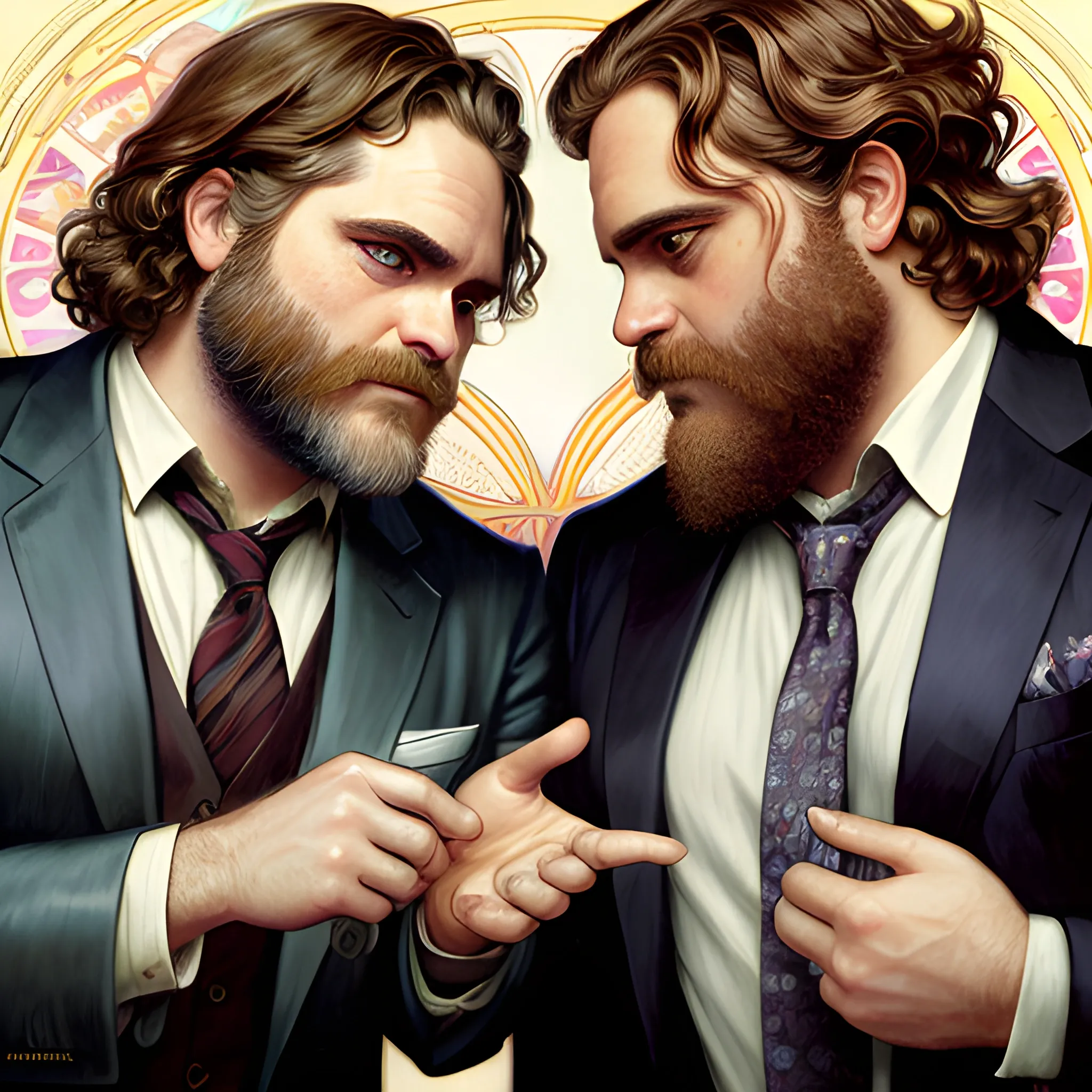 Joaquin Phoenix and Zach Galifianakis having a conversation about beards, highly detailed faces, modern American; by Lisa Frank, Daniel Gerhartz, Phil Noto art, Mucha, Manara; hyper-detailed, hyper-realistic, sharp focus; symmetrical face; textured shading, subtractive lighting, Unreal Engine