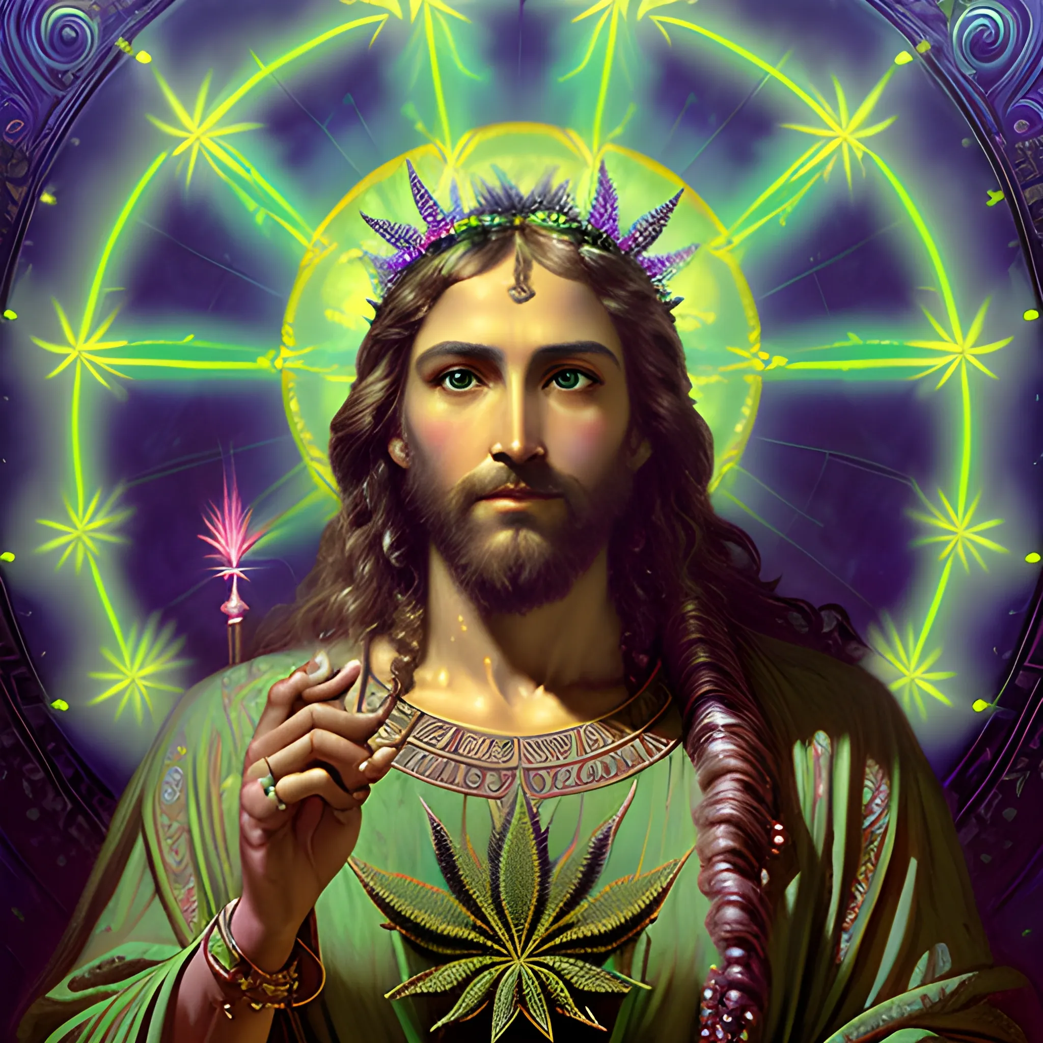 eoclassicist colorful blacklight uv highly detailed painting of Jesus as a marijuana goddess, ethereal fantasy hyperdetailed mist, maximalist matte painting, polished, realistic oil painting; old fashioned, vintage, antique; luminous color sparkles, marijuana, by gaston bussiere, craig mullins, j. c. leyendecker, norman rockwell