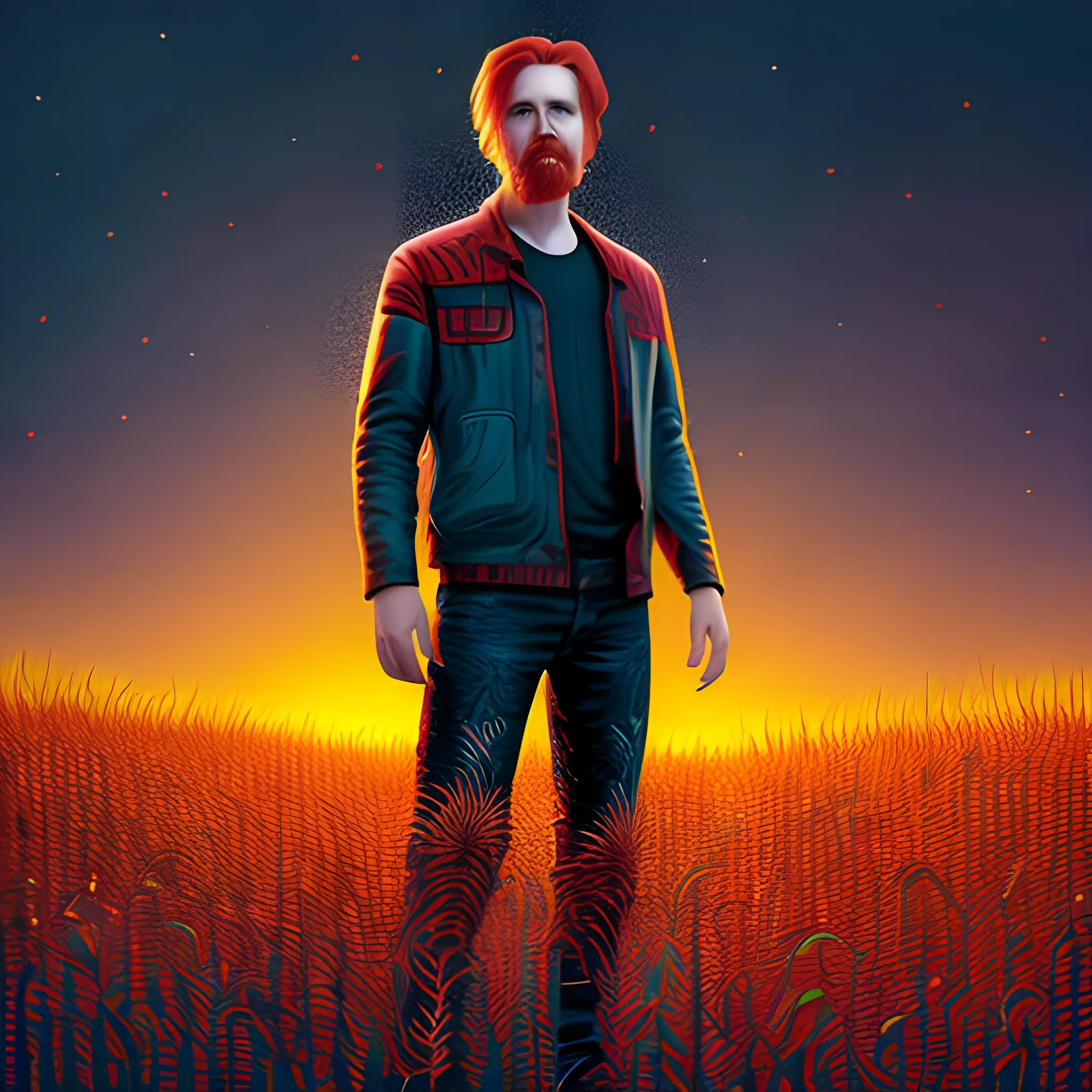 male actor Courtney Gains, his highly detailed handsome face, meticulously detailed multi-hued red hair, standing in tall corn, cornfield, nebula sky; by James R. Eads, Fausto-Giurescu, Tania Rivilis, Renata-s-art, Dan Mumford; luminous colorful sparkles, glitter, airbrush, depth of field, volumetric lighting, deep color, underground comix