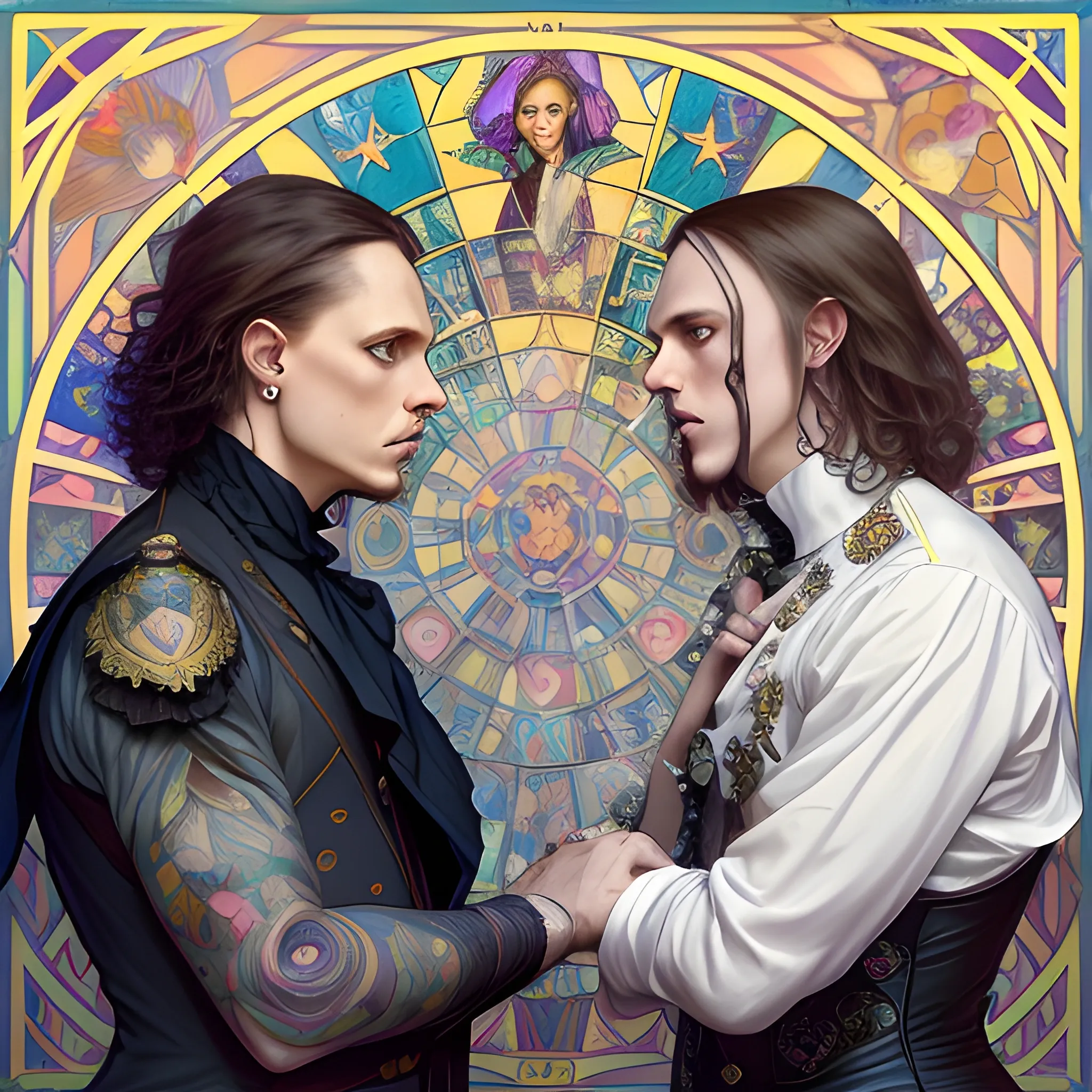 Ville Valo and Tommy Cash having a conversation, highly detailed faces, modern American; by Lisa Frank, Daniel Gerhartz, Phil Noto art, Mucha, Manara; hyper-detailed, hyper-realistic, sharp focus; symmetrical face; textured shading, subtractive lighting, Unreal Engine