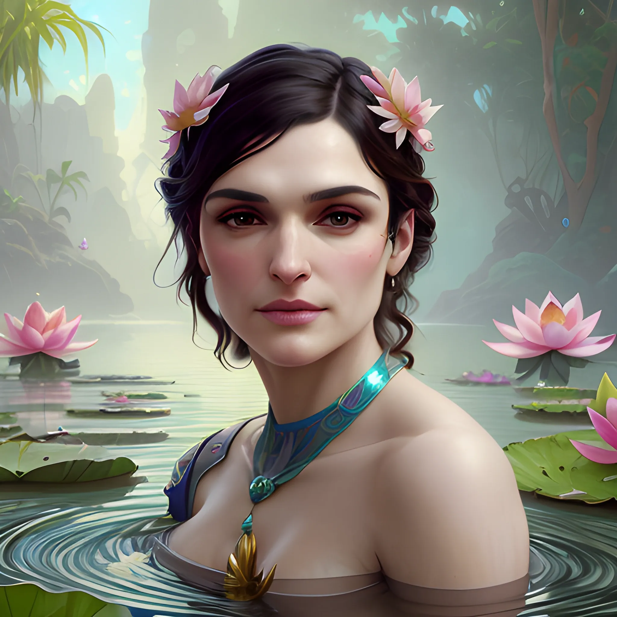 Rachel Weisz at a lotus pond; highly detailed beautiful face; glitter, renaissance; high contrast, pastel, sorbet, pearlescent, underwater, surreal, Unreal Engine 5; by Dan Parent, Alphonse Mucha, Artgerm, WLOP, intricately detailed, fantasy, bizarre, beautiful, Chromolithography, Soft Shading, Unreal Engine; digital painting, smooth, sharp focus, illustration, art by lisa frank, Steve Goad, Frank Frazetta, William-Adolphe Bouguereau, Unreal Engine 5, Cartoon, 3D, Oil Painting