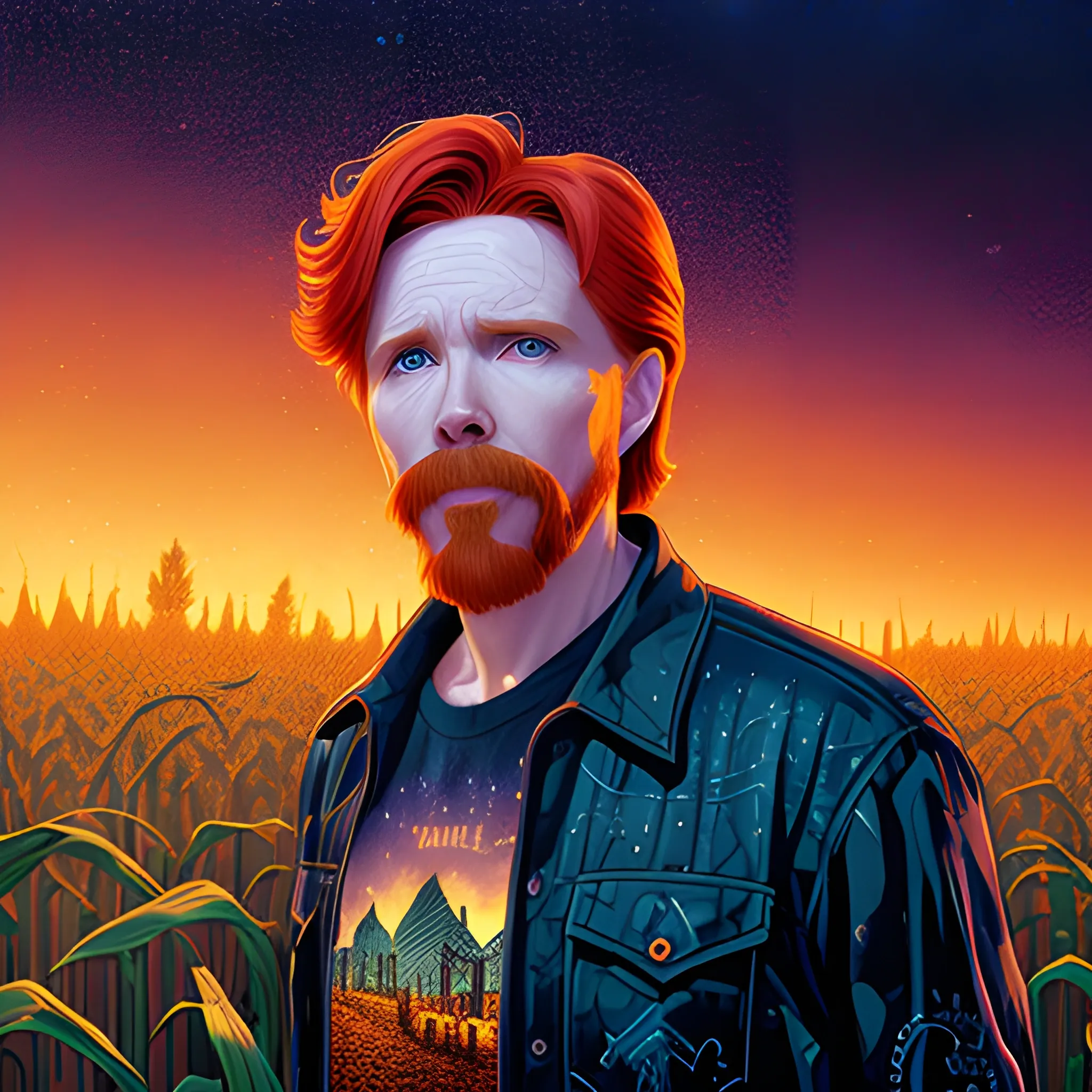 male actor Courtney Gains, his highly detailed handsome face, meticulously detailed multi-hued red hair, standing in tall corn, cornfield, nebula sky; by James R. Eads, Fausto-Giurescu, Tania Rivilis, Renata-s-art, Dan Mumford; luminous colorful sparkles, glitter, airbrush, depth of field, volumetric lighting, deep color, underground comix