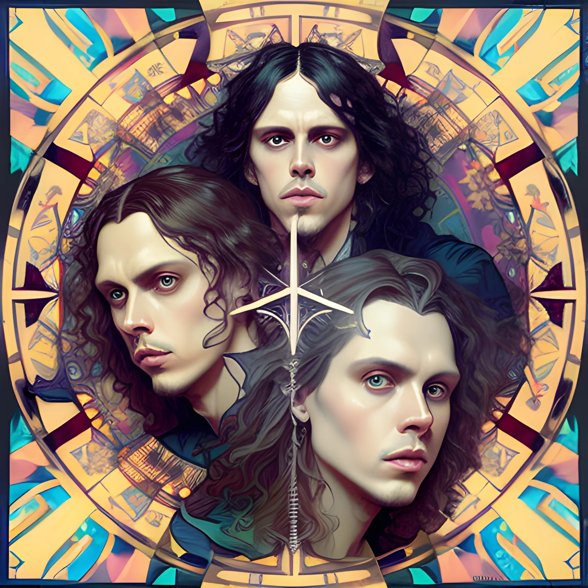 Ville Valo and Tommy Cash talking about music, highly detailed faces, modern American; by Lisa Frank, Daniel Gerhartz, Phil Noto art, Mucha, Manara; hyper-detailed, hyper-realistic, sharp focus; symmetrical face; textured shading, subtractive lighting, Unreal Engine