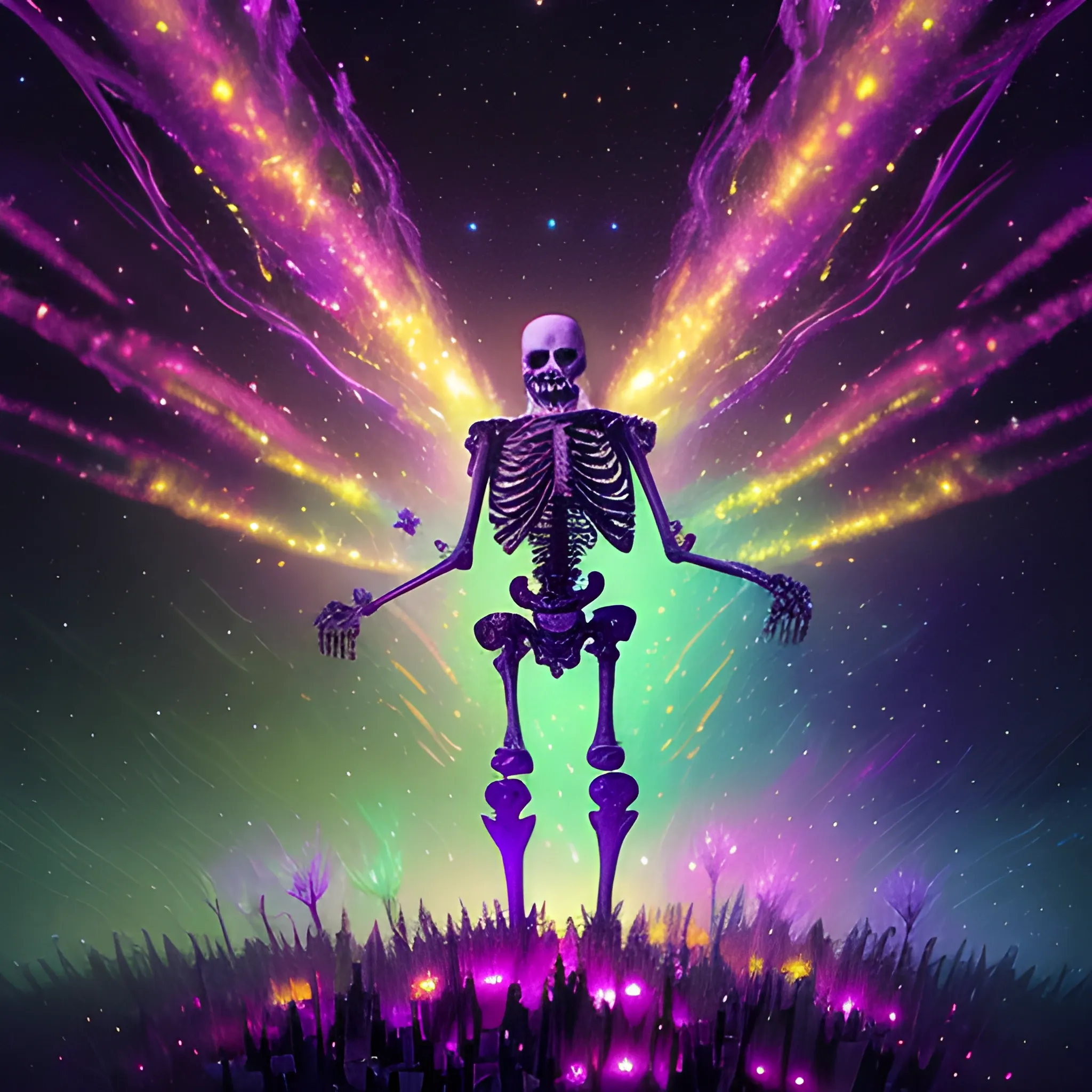 a skeleton in a sprawling nebula sky; luminous colorful sparkles, by Stephen Gammell, James R. Eads, Tania Rivilis, Dan Mumford, glitter, airbrush, Octane Render, volumetric lighting, luminous colorful sparkles, glitter, volumetric lighting, deep color