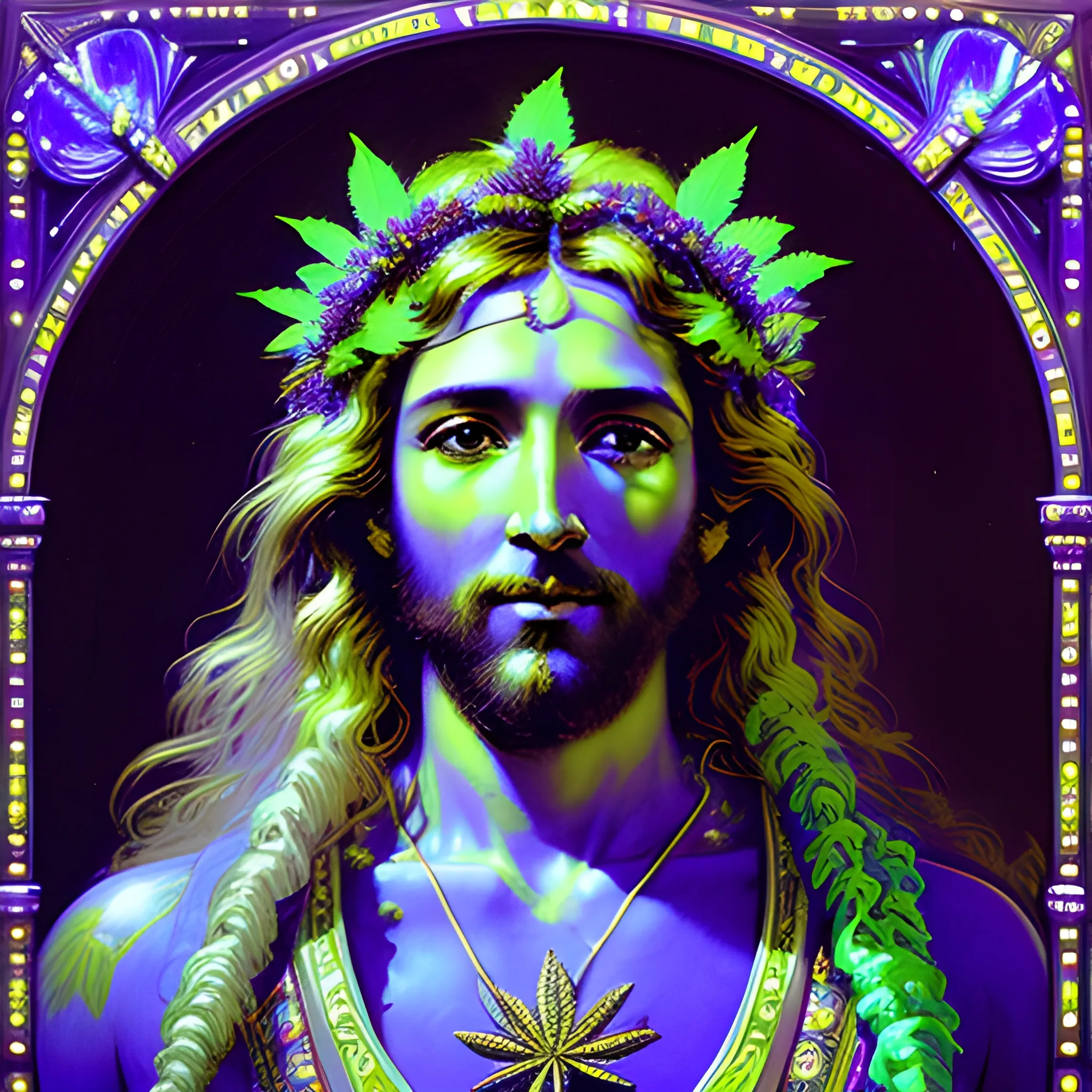 eoclassicist colorful blacklight uv highly detailed painting of Jesus as a marijuana goddess, ethereal fantasy hyperdetailed mist, maximalist matte painting, polished, realistic oil painting; old fashioned, vintage, antique; luminous color sparkles, marijuana, by gaston bussiere, craig mullins, j. c. leyendecker, norman rockwell