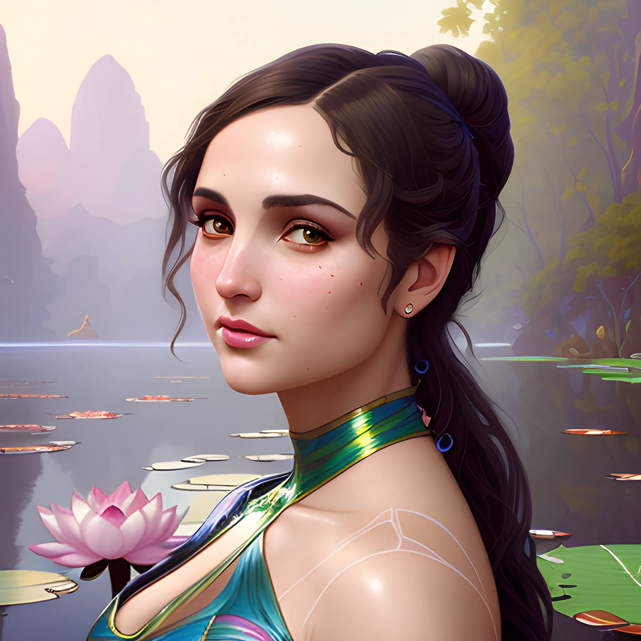 Rachel Leigh Cook at a lotus pond; highly detailed beautiful face; glitter, renaissance; high contrast, pastel, sorbet, pearlescent, underwater, surreal, Unreal Engine 5; by Dan Parent, Alphonse Mucha, Artgerm, WLOP, intricately detailed, fantasy, bizarre, beautiful, Chromolithography, Soft Shading, Unreal Engine; digital painting, smooth, sharp focus, illustration, art by lisa frank, Steve Goad, Frank Frazetta, William-Adolphe Bouguereau, Unreal Engine 5, Cartoon, 3D, Oil Painting