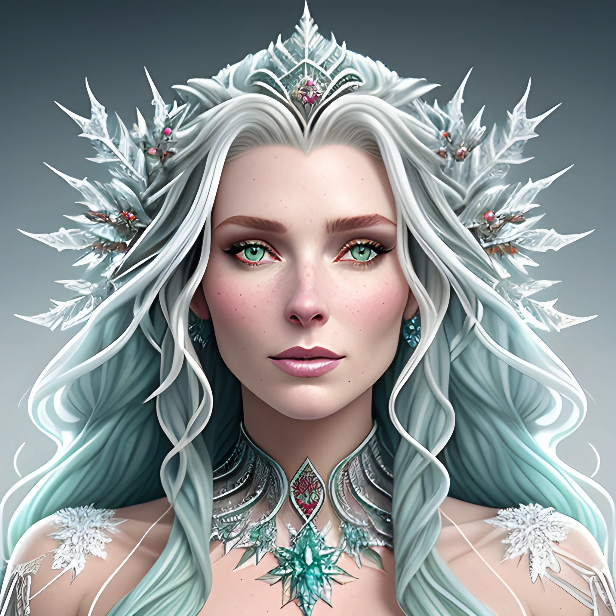 Insanely detailed “elaborate Arabian icicle goddess” Robyn Lively / Elsa Hosk / Shanina Shaik face morph; gorgeous face, green eyes, long multi-hued red curly hair, intricate icy snowflakes; Camille d’errico, Jean baptiste monge, and Tom Bagshaw CGSociety ZBrush Central fantasy art, 8K resolution HDR, white, shiny, winter gradients colors, frozen