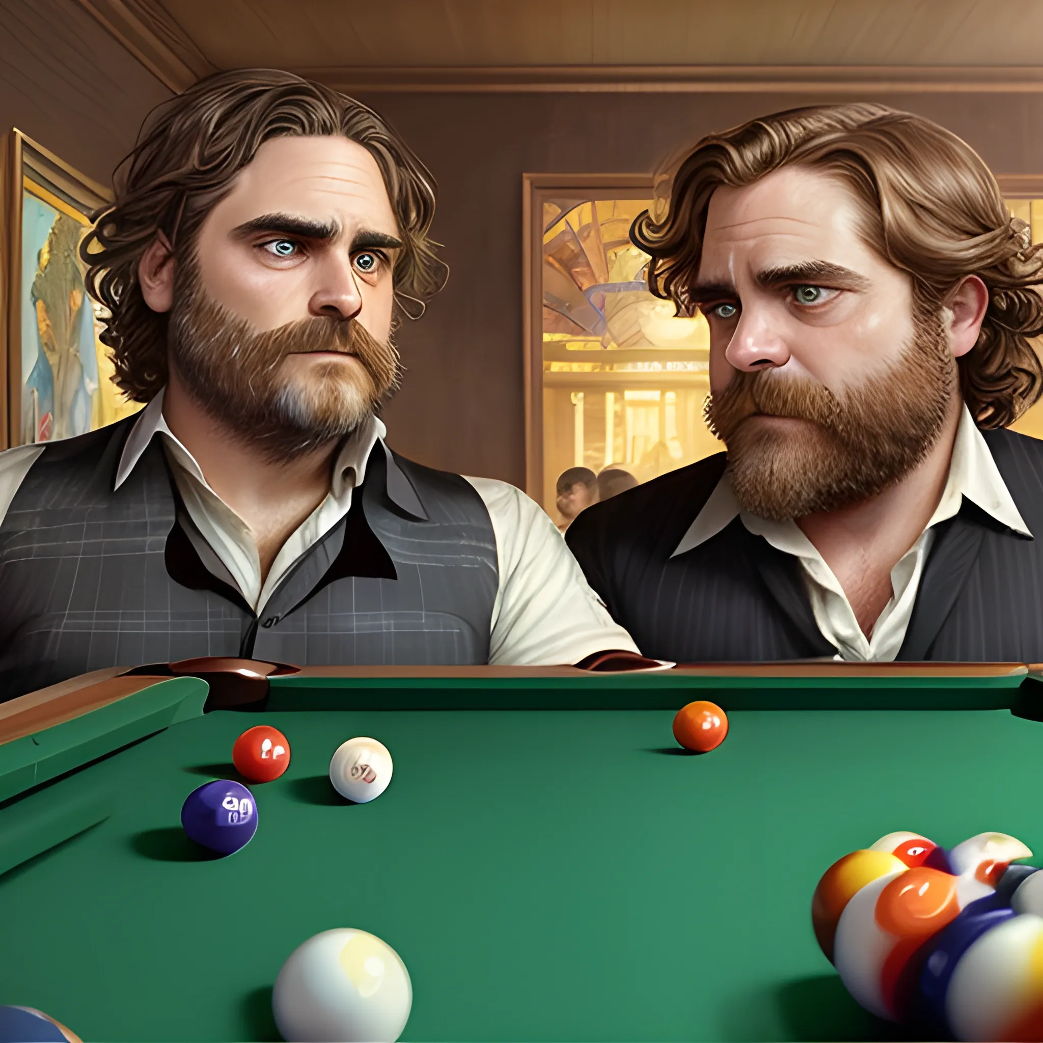 Joaquin Phoenix and Zach Galifianakis playing pool, highly detailed faces, modern American; by Lisa Frank, Daniel Gerhartz, Phil Noto art, Mucha, Manara; hyper-detailed, hyper-realistic, sharp focus; symmetrical face; textured shading, subtractive lighting, Unreal Engine