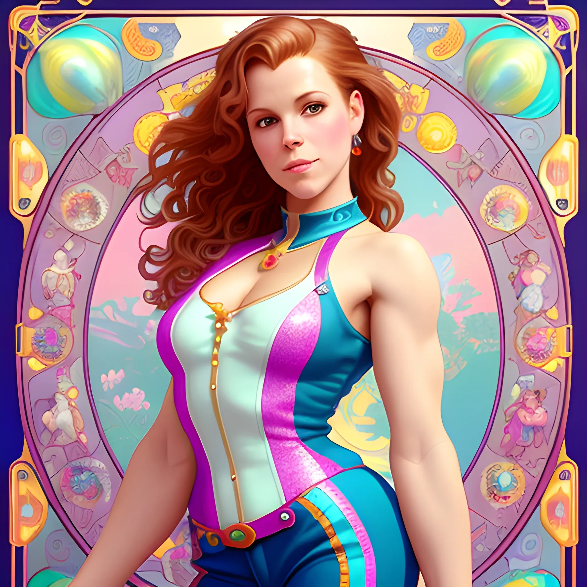 Robyn Lively wearing hotpants and roller-skates, highly detailed beautiful face; glitter, renaissance; high contrast, pastel, sorbet, pearlescent, underwater, surreal, Unreal Engine 5; by Dan Parent, Alphonse Mucha, Artgerm, WLOP, intricately detailed, fantasy, bizarre, beautiful, Chromolithography, Soft Shading, Unreal Engine; digital painting, smooth, sharp focus, illustration, art by lisa frank, Steve Goad, Frank Frazetta, William-Adolphe Bouguereau, Unreal Engine 5