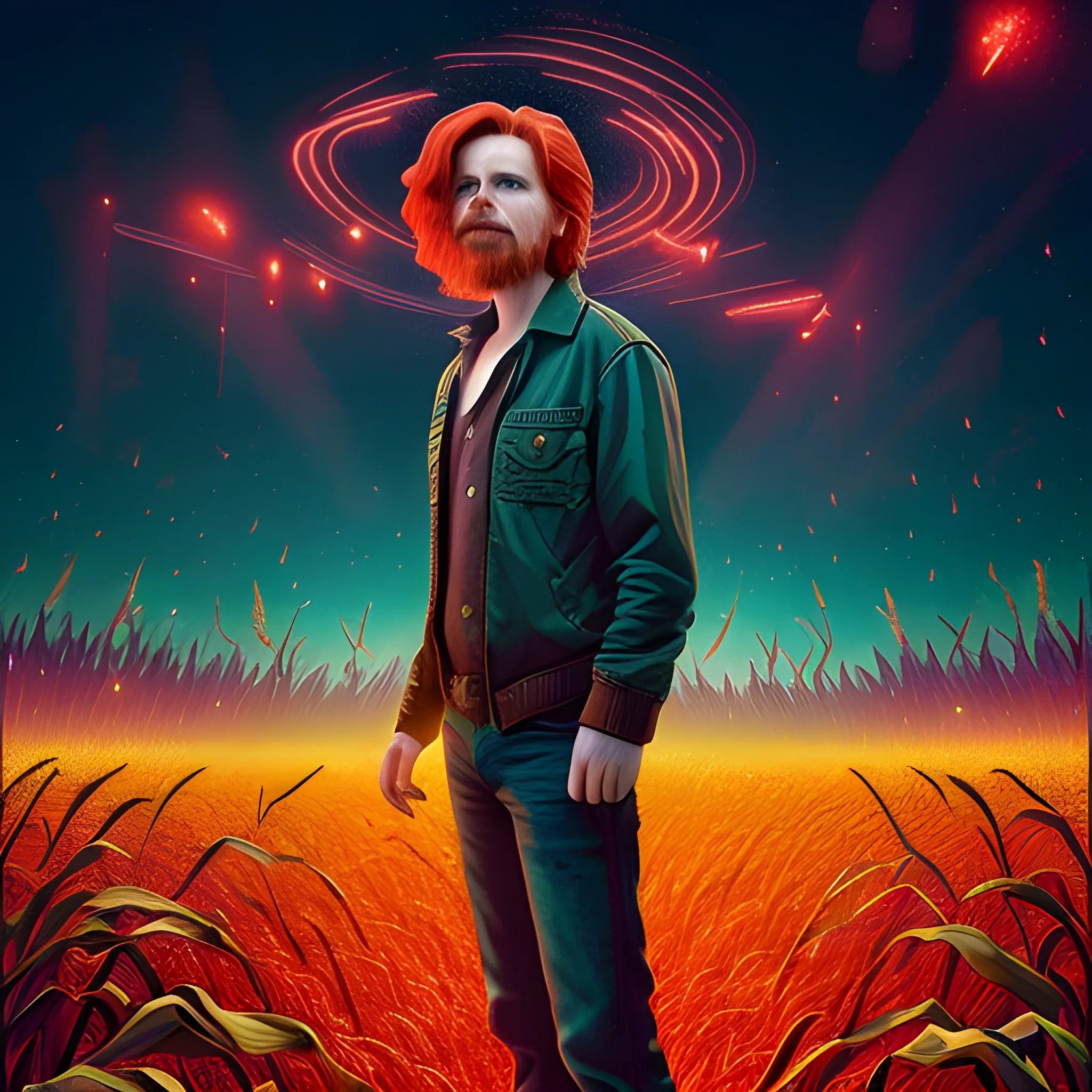 male actor Courtney Gains, his highly detailed handsome face, meticulously detailed multi-hued red hair, standing in tall corn, cornfield, nebula sky; by James R. Eads, Fausto-Giurescu, Tania Rivilis, Renata-s-art, Dan Mumford; luminous colorful sparkles, glitter, airbrush, depth of field, volumetric lighting, deep color, underground comix