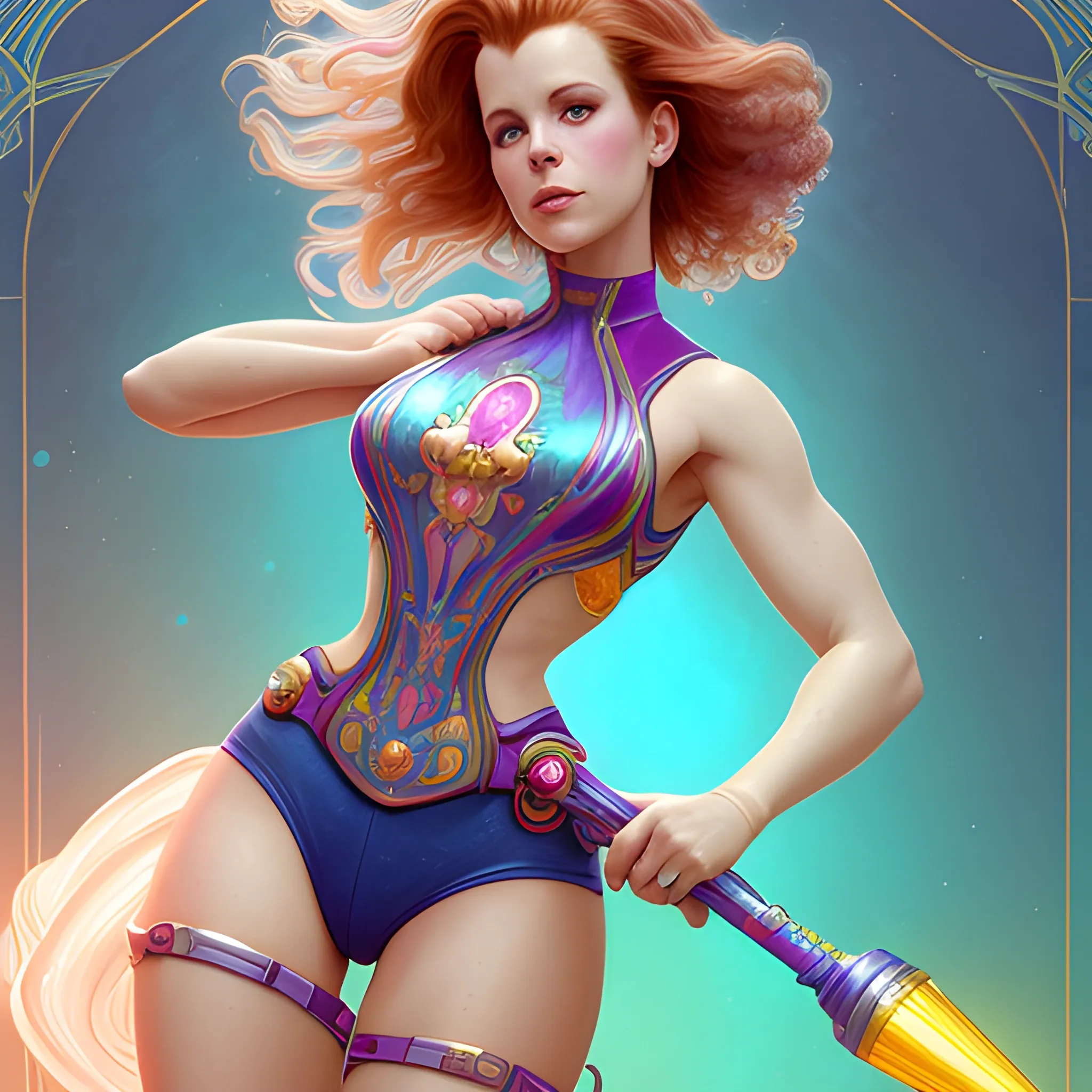 Robyn Lively wearing hotpants and roller-skates, highly detailed beautiful face; glitter, renaissance; high contrast, pastel, sorbet, pearlescent, underwater, surreal, Unreal Engine 5; by Dan Parent, Alphonse Mucha, Artgerm, WLOP, intricately detailed, fantasy, bizarre, beautiful, Chromolithography, Soft Shading, Unreal Engine; digital painting, smooth, sharp focus, illustration, art by lisa frank, Steve Goad, Frank Frazetta, William-Adolphe Bouguereau, Unreal Engine 5