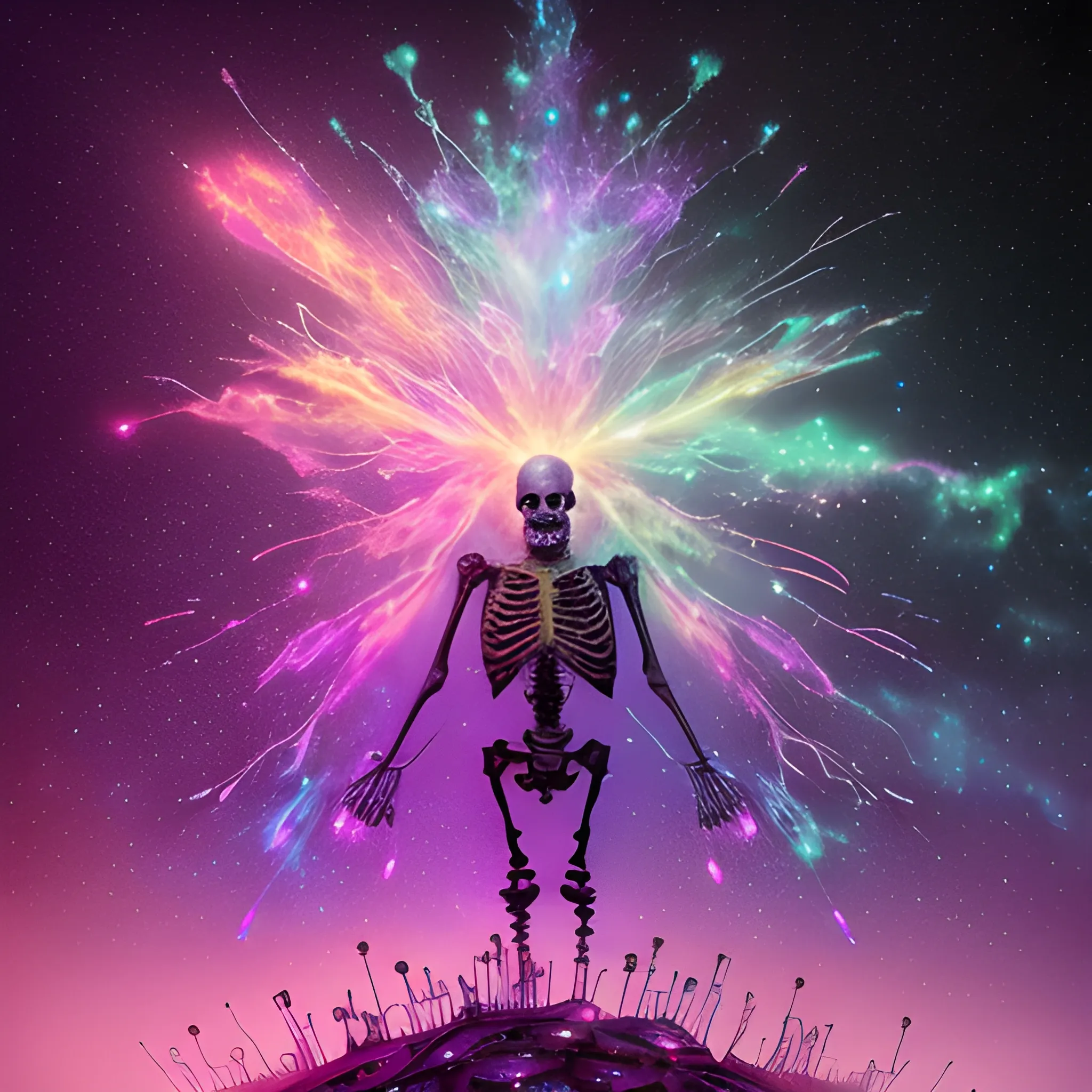 a skeleton in a sprawling nebula sky; luminous colorful sparkles, by Stephen Gammell, James R. Eads, Tania Rivilis, Dan Mumford, glitter, airbrush, Octane Render, volumetric lighting, luminous colorful sparkles, glitter, volumetric lighting, deep color