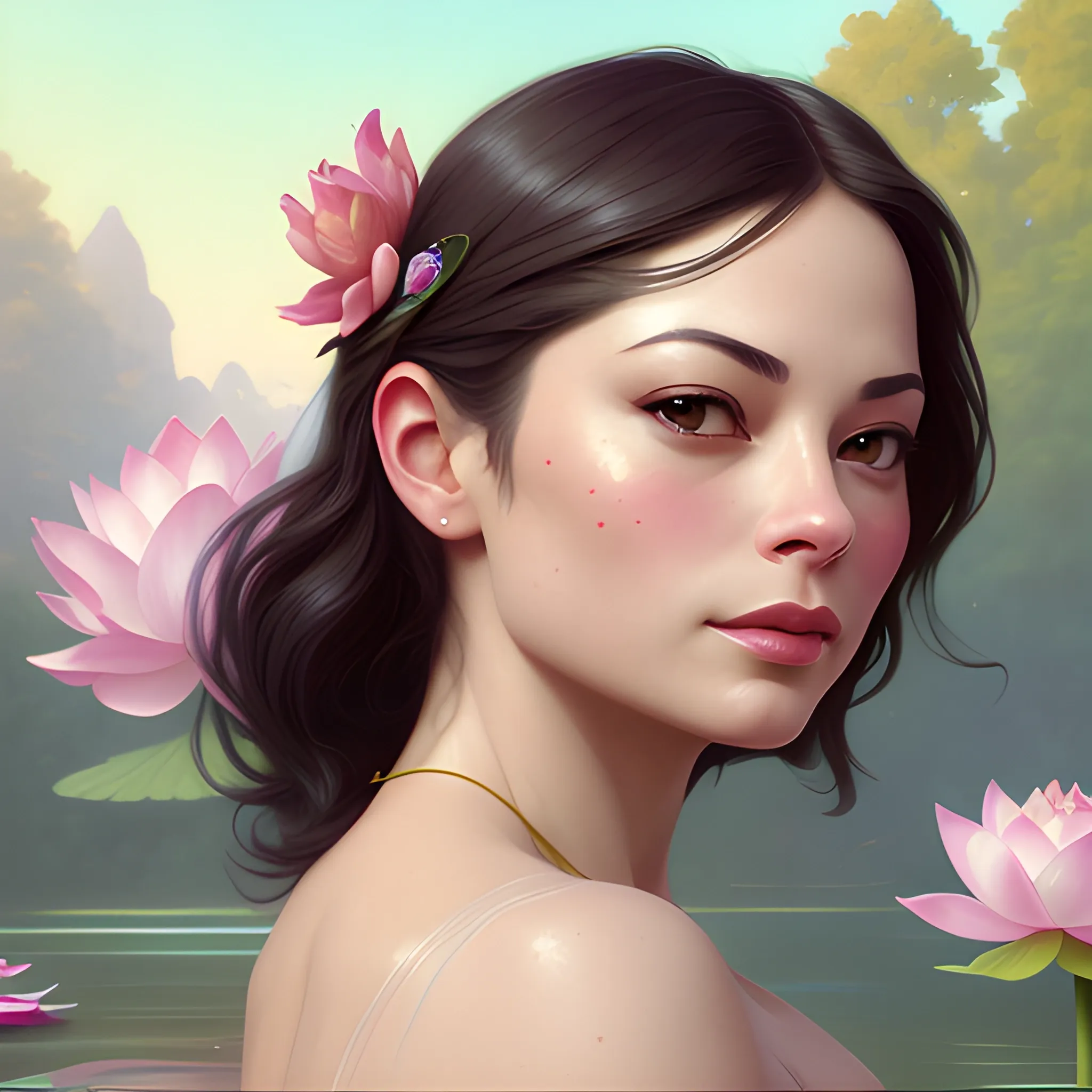 Kristin Kreuk at a lotus pond; highly detailed beautiful face; glitter, renaissance; high contrast, pastel, sorbet, pearlescent, underwater, surreal, Unreal Engine 5; by Dan Parent, Alphonse Mucha, Artgerm, WLOP, intricately detailed, fantasy, bizarre, beautiful, Chromolithography, Soft Shading, Unreal Engine; digital painting, smooth, sharp focus, illustration, art by lisa frank, Steve Goad, Frank Frazetta, William-Adolphe Bouguereau, Unreal Engine 5, Cartoon, 3D, Oil Painting