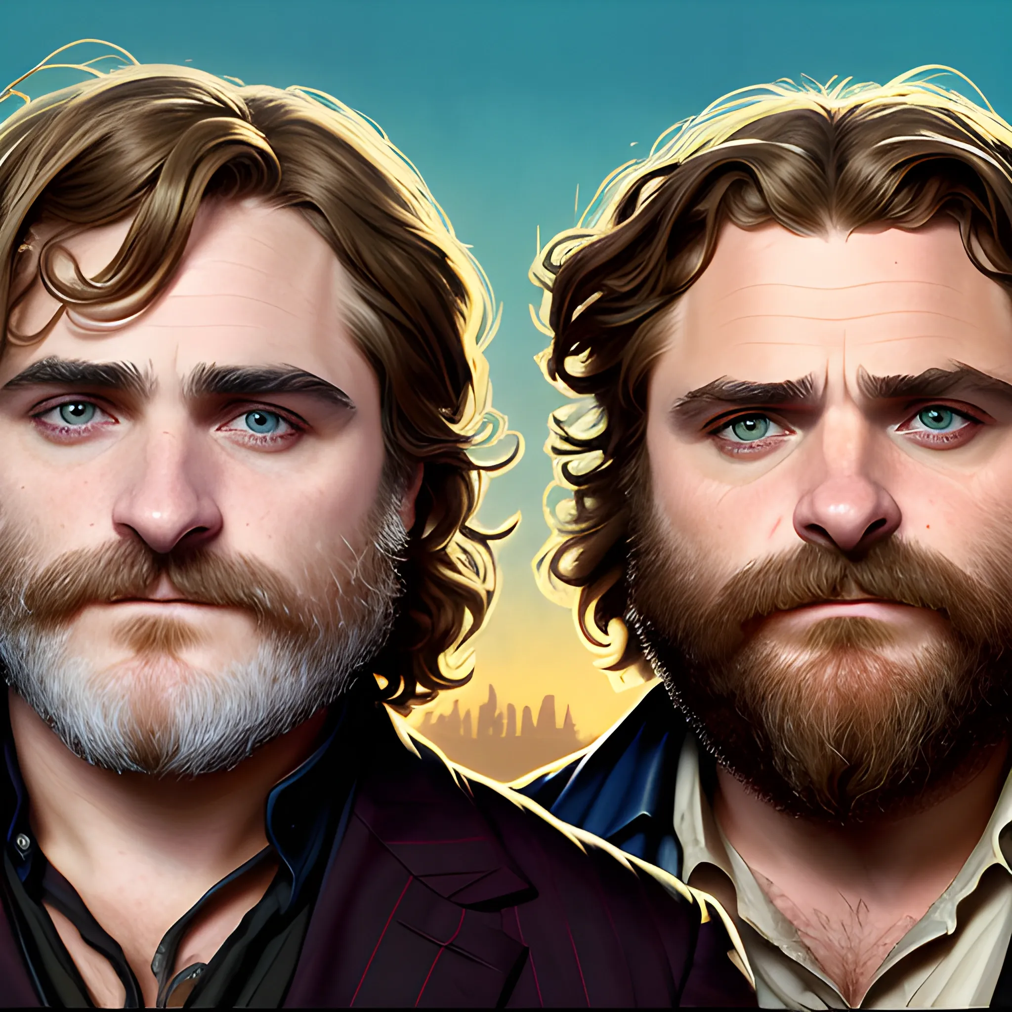 Joaquin Phoenix and Zach Galifianakis doing cosplay as pirates, highly detailed faces, modern American; by Lisa Frank, Daniel Gerhartz, Phil Noto art, Mucha, Manara; hyper-detailed, hyper-realistic, sharp focus; symmetrical face; textured shading, subtractive lighting, Unreal Engine