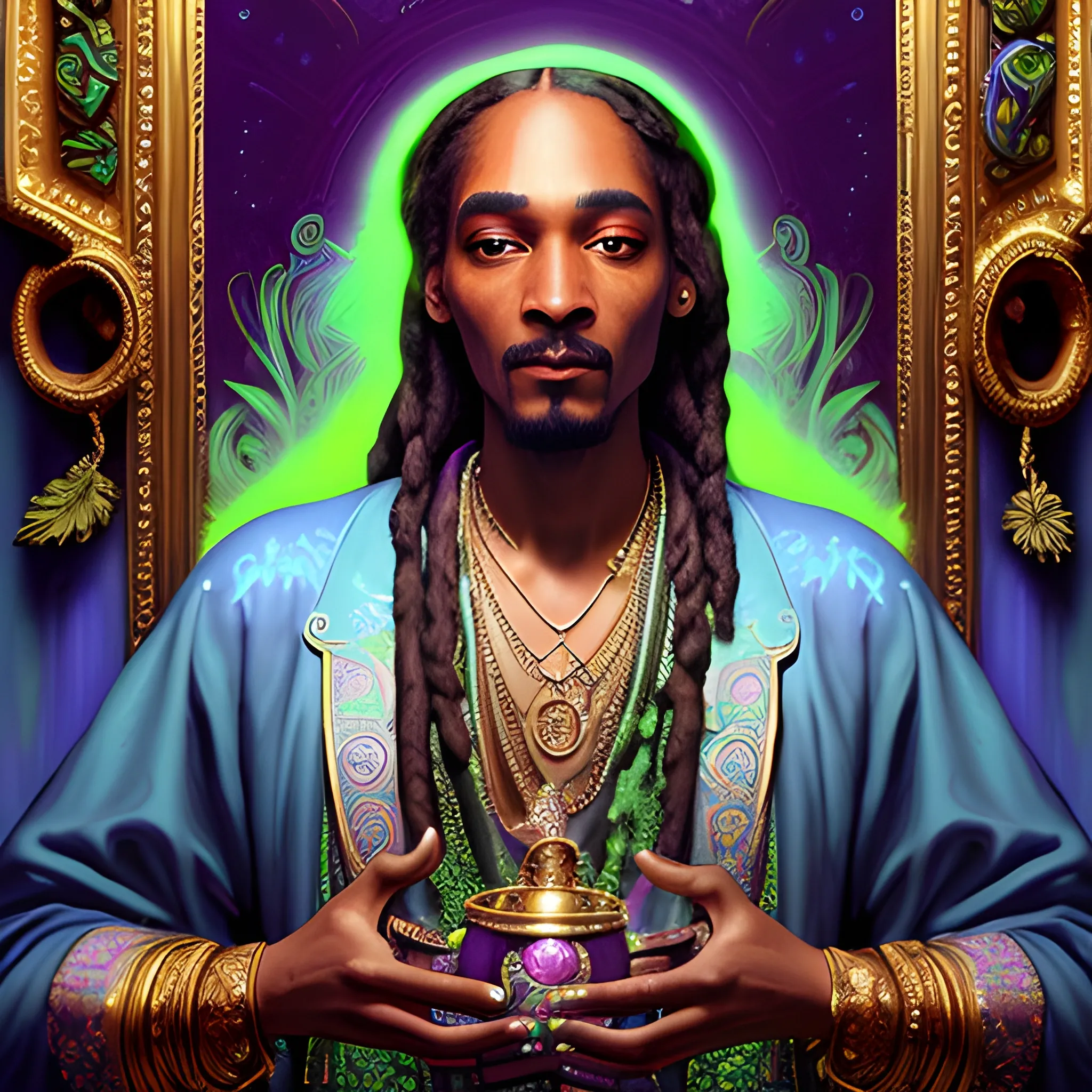 neoclassicist colorful blacklight uv highly detailed painting of Snoop Dogg as a marijuana goddess, ethereal fantasy hyperdetailed mist, maximalist matte painting, polished, realistic oil painting; old fashioned, vintage, antique; luminous color sparkles, marijuana, by gaston bussiere, craig mullins, j. c. leyendecker, norman rockwell