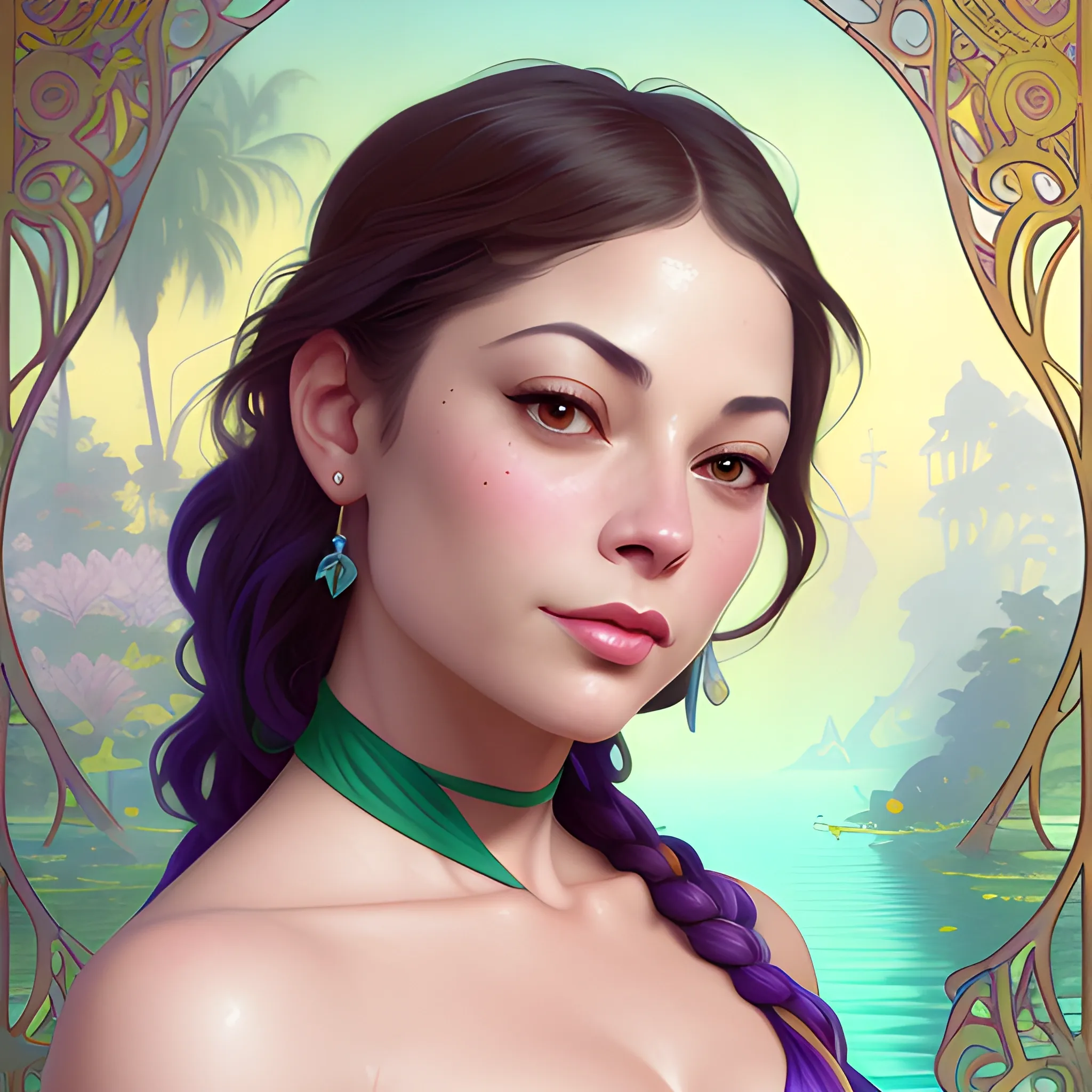 Kristin Kreuk at a lotus pond; highly detailed beautiful face; glitter, renaissance; high contrast, pastel, sorbet, pearlescent, underwater, surreal, Unreal Engine 5; by Dan Parent, Alphonse Mucha, Artgerm, WLOP, intricately detailed, fantasy, bizarre, beautiful, Chromolithography, Soft Shading, Unreal Engine; digital painting, smooth, sharp focus, illustration, art by lisa frank, Steve Goad, Frank Frazetta, William-Adolphe Bouguereau, Unreal Engine 5, Cartoon, 3D, Oil Painting