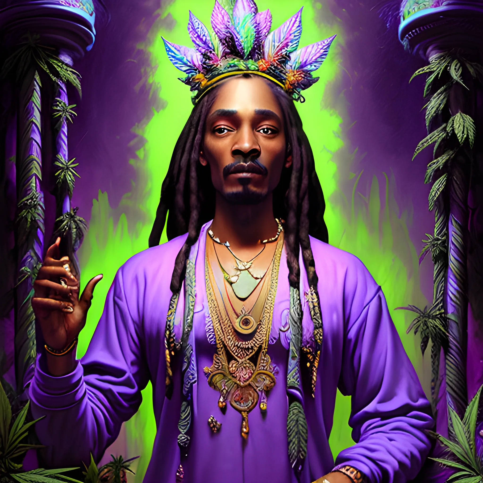 neoclassicist colorful blacklight uv highly detailed painting of Snoop Dogg as a marijuana goddess, ethereal fantasy hyperdetailed mist, maximalist matte painting, polished, realistic oil painting; old fashioned, vintage, antique; luminous color sparkles, marijuana, by gaston bussiere, craig mullins, j. c. leyendecker, norman rockwell