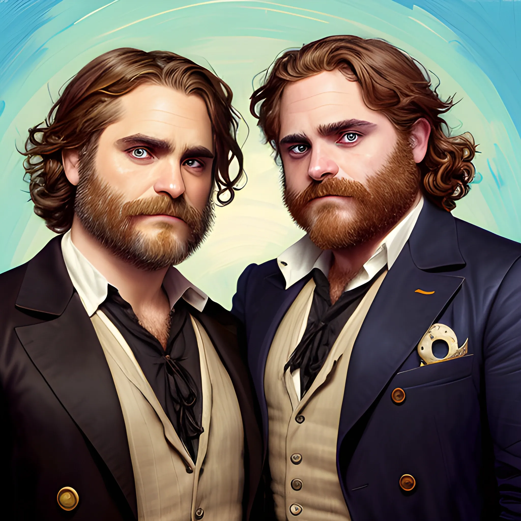 Joaquin Phoenix and Zach Galifianakis doing cosplay as pirates, highly detailed faces, modern American; by Lisa Frank, Daniel Gerhartz, Phil Noto art, Mucha, Manara; hyper-detailed, hyper-realistic, sharp focus; symmetrical face; textured shading, subtractive lighting, Unreal Engine