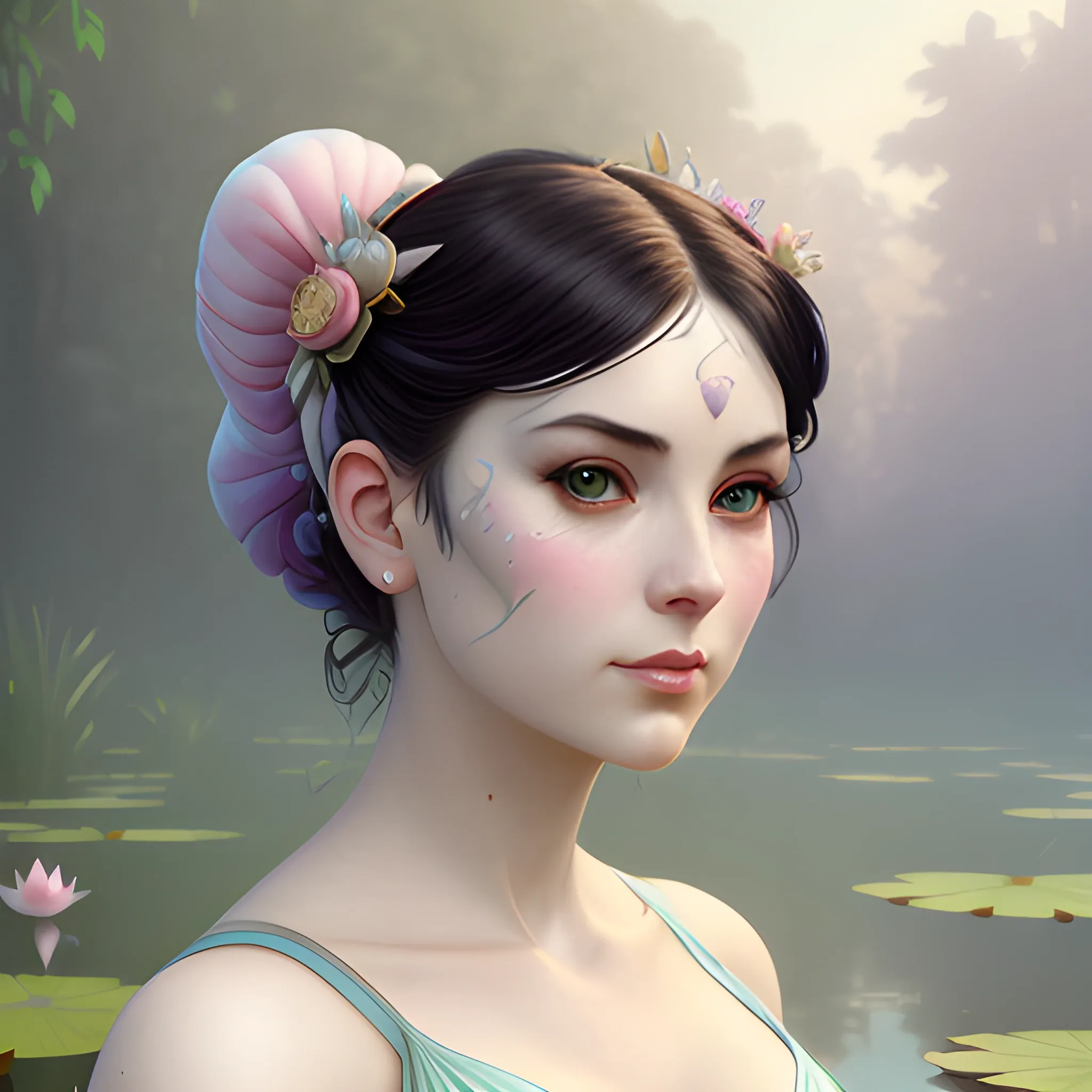 Amy Lee at a lotus pond; highly detailed beautiful face; glitter... -  Arthub.ai