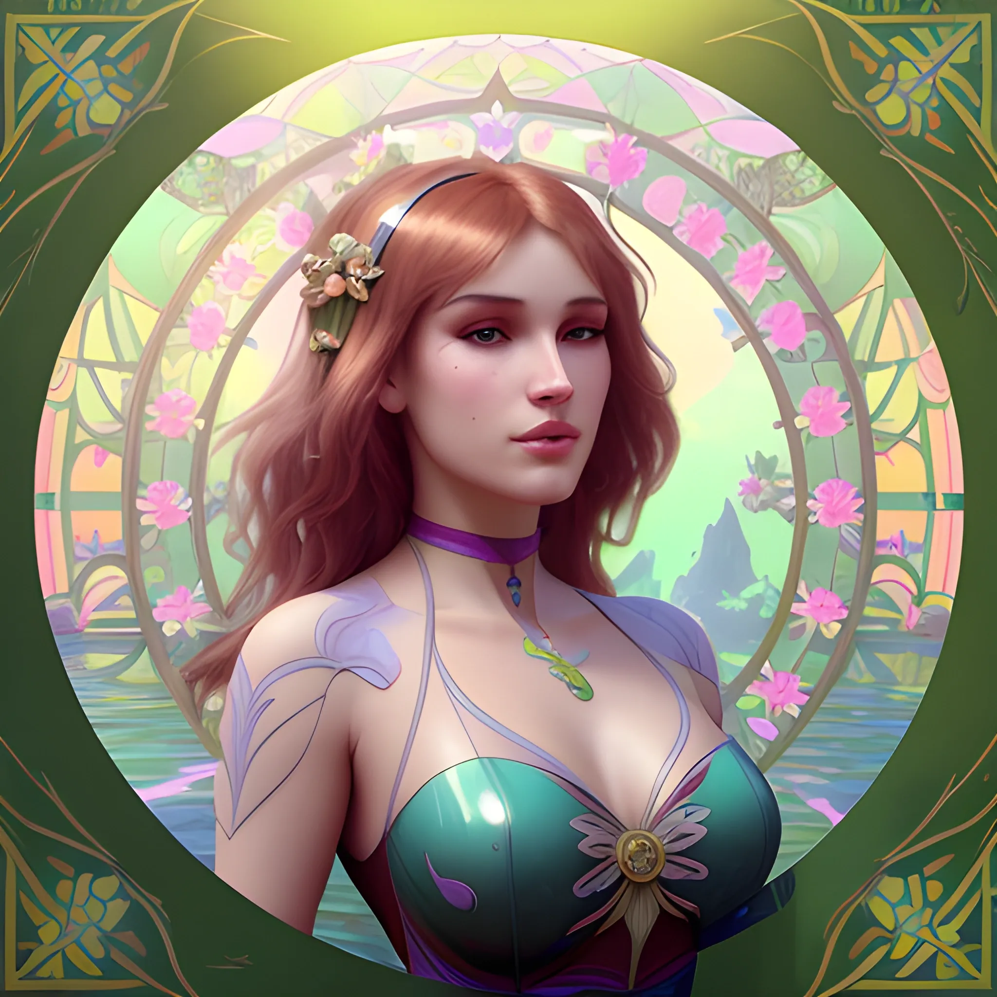 Bella Thorne at a lotus pond; highly detailed beautiful face; glitter, renaissance; high contrast, pastel, sorbet, pearlescent, Unreal Engine 5; by Dan Parent, Alphonse Mucha, Artgerm, WLOP, intricately detailed, fantasy, bizarre, beautiful, Chromolithography, Soft Shading, Unreal Engine; digital painting, smooth, sharp focus, illustration, art by lisa frank, Steve Goad, Frank Frazetta, William-Adolphe Bouguereau, Unreal Engine 5, Cartoon, 3D, Oil Painting