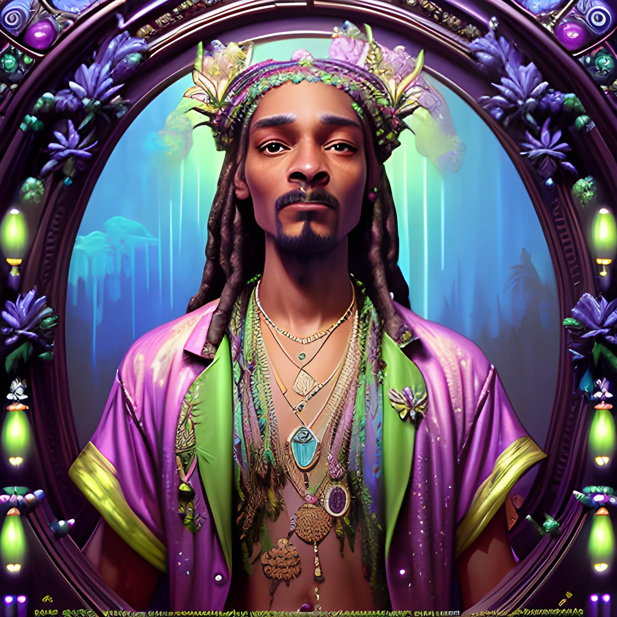 neoclassicist colorful blacklight uv highly detailed painting of Snoop Dogg as a marijuana goddess, ethereal fantasy hyperdetailed mist, maximalist matte painting, polished, realistic oil painting; old fashioned, vintage, antique; luminous color sparkles, marijuana, by gaston bussiere, craig mullins, j. c. leyendecker, norman rockwell