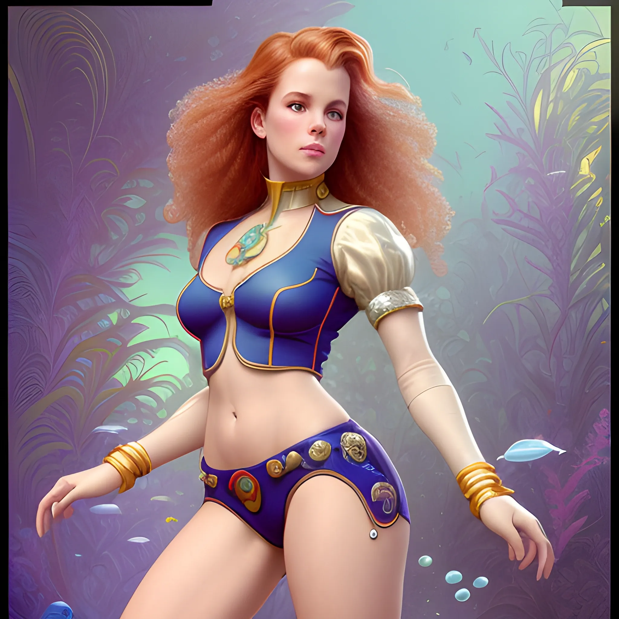 Robyn Lively wearing hotpants and roller-skates, highly detailed beautiful face; glitter, renaissance; high contrast, pastel, sorbet, pearlescent, underwater, surreal, Unreal Engine 5; by Dan Parent, Alphonse Mucha, Artgerm, WLOP, intricately detailed, fantasy, bizarre, beautiful, Chromolithography, Soft Shading, Unreal Engine; digital painting, smooth, sharp focus, illustration, art by lisa frank, Steve Goad, Frank Frazetta, William-Adolphe Bouguereau, Unreal Engine 5