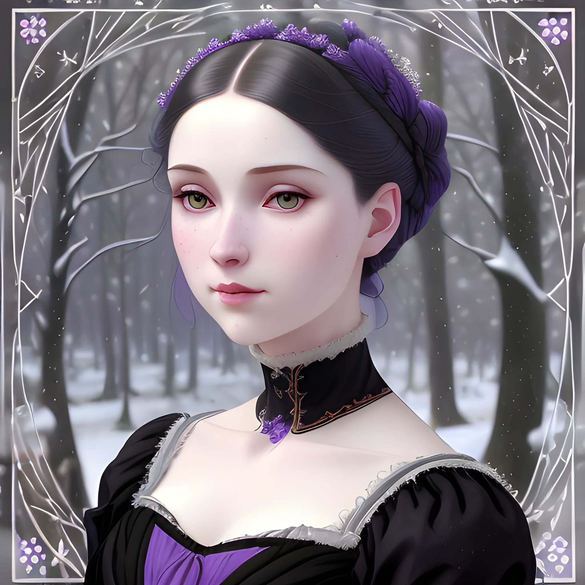 a pale woman with a highly detailed, perfect beautiful face, pale lavender eyes, meticulously detailed multi-hued black hair and a purple dress; background is a snowy riverbank with pine trees, it's snowing; digital painting, artstation; Lisa Frank, artgerm, Greg Rutkowski, William-Adolphe Bouguereau, renaissance, Unreal Engine 5