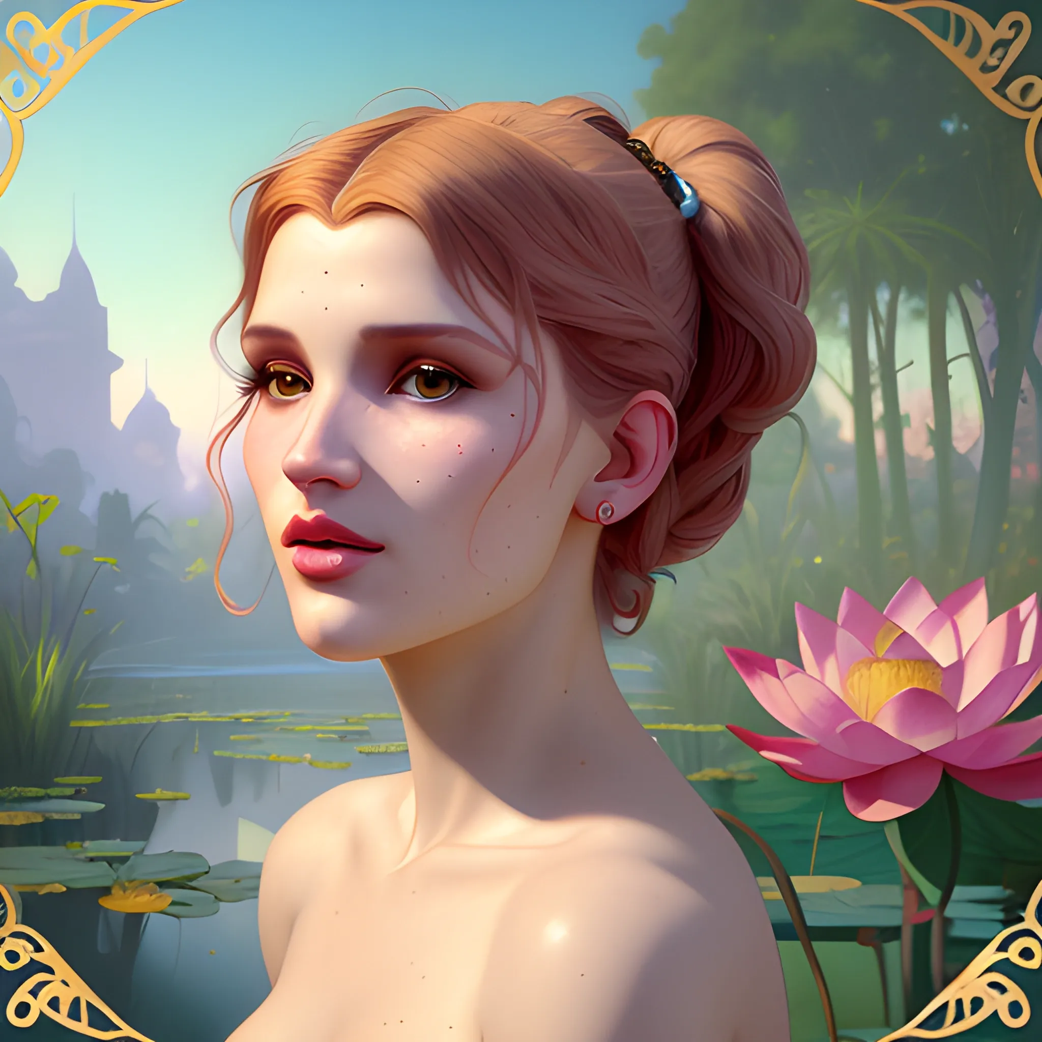 Bella Thorne at a lotus pond; highly detailed beautiful face; glitter, renaissance; high contrast, pastel, sorbet, pearlescent, Unreal Engine 5; by Dan Parent, Alphonse Mucha, Artgerm, WLOP, intricately detailed, fantasy, bizarre, beautiful, Chromolithography, Soft Shading, Unreal Engine; digital painting, smooth, sharp focus, illustration, art by lisa frank, Steve Goad, Frank Frazetta, William-Adolphe Bouguereau, Unreal Engine 5, Cartoon, 3D, Oil Painting