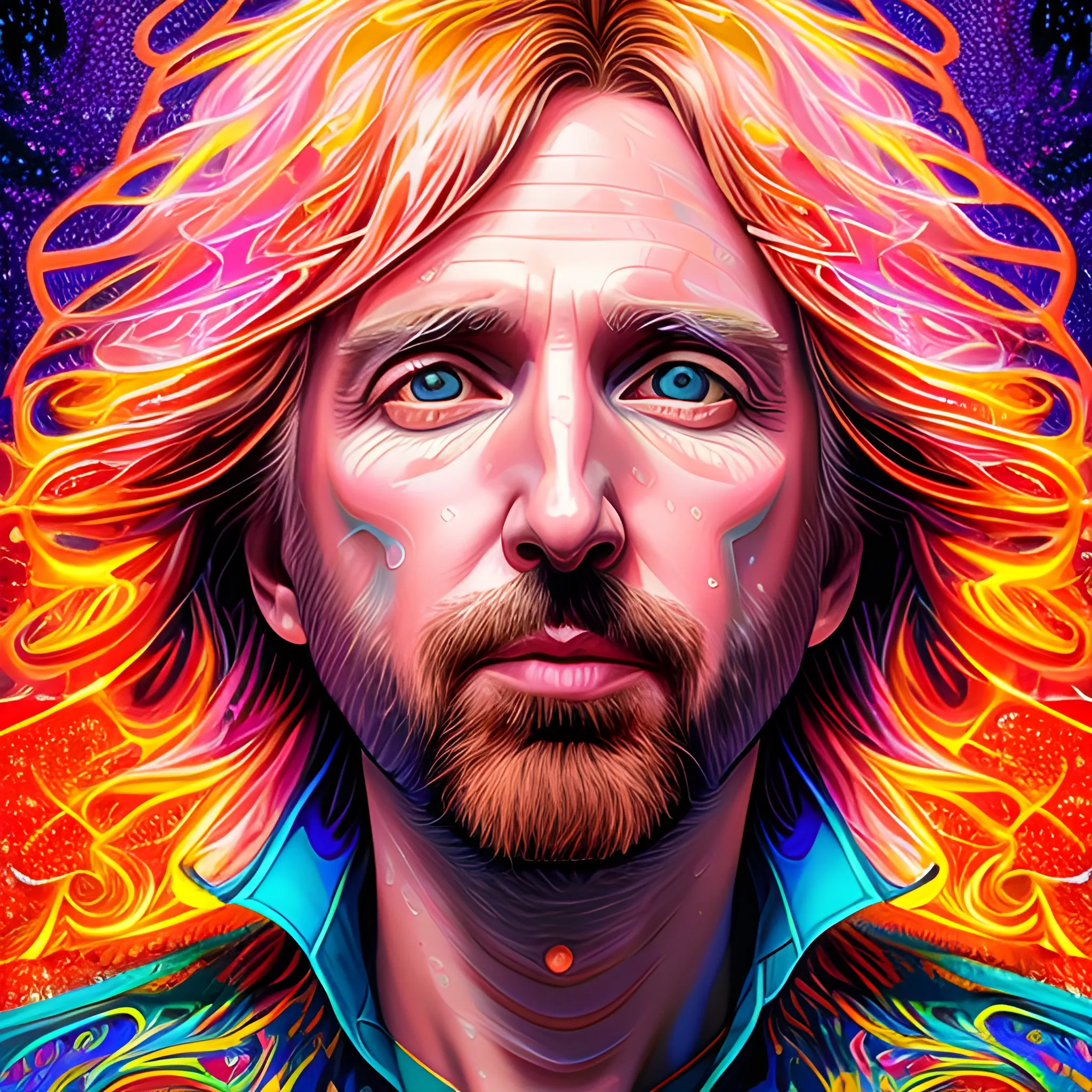 hyperdetailed oil on canvas, Tom Petty, striking eyes, his handsome perfect, precisely detailed face, multi-hued long streaked hair, orange pink purple, luminous colorful sparkles, James R. Eads, Gawki, rajewel, Tania Rivilis, Dan Mumford, glitter, airbrush, Octane Render, volumetric lighting