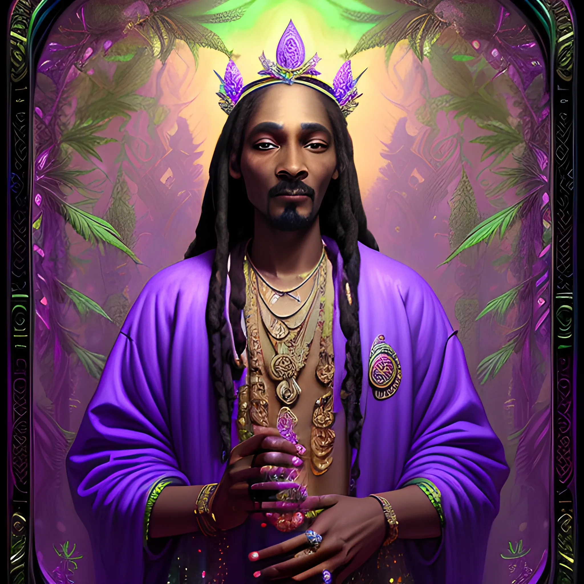 neoclassicist colorful blacklight uv highly detailed painting of Snoop Dogg as a marijuana goddess, ethereal fantasy hyperdetailed mist, maximalist matte painting, polished, realistic oil painting; old fashioned, vintage, antique; luminous color sparkles, marijuana, by gaston bussiere, craig mullins, j. c. leyendecker, norman rockwell