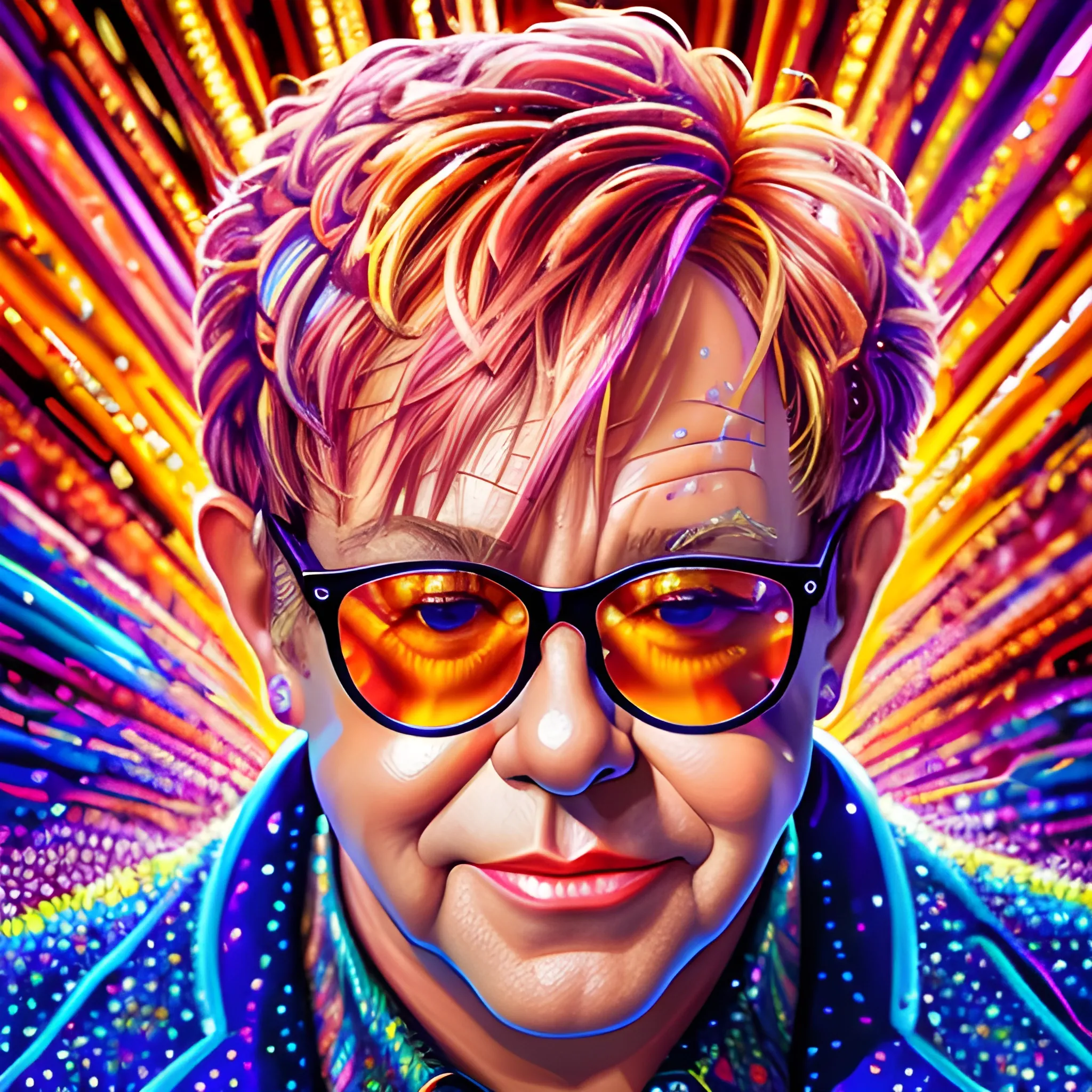 hyperdetailed oil on canvas, Elton John, striking eyes, his handsome perfect, precisely detailed face, multi-hued long streaked hair, orange pink purple, luminous colorful sparkles, James R. Eads, Gawki, rajewel, Tania Rivilis, Dan Mumford, glitter, airbrush, Octane Render, volumetric lighting