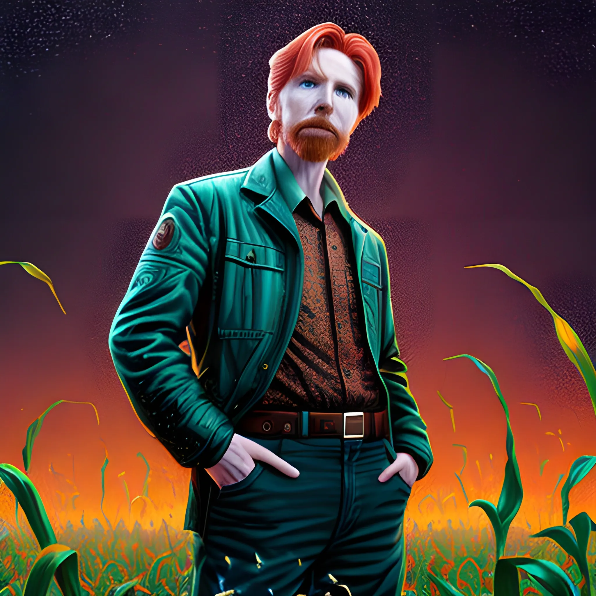 male actor Courtney Gains, his highly detailed handsome face, meticulously detailed multi-hued red hair, standing in tall corn, cornfield, nebula sky; by James R. Eads, Fausto-Giurescu, Tania Rivilis, Renata-s-art, Dan Mumford; luminous colorful sparkles, glitter, airbrush, depth of field, volumetric lighting, deep color, underground comix