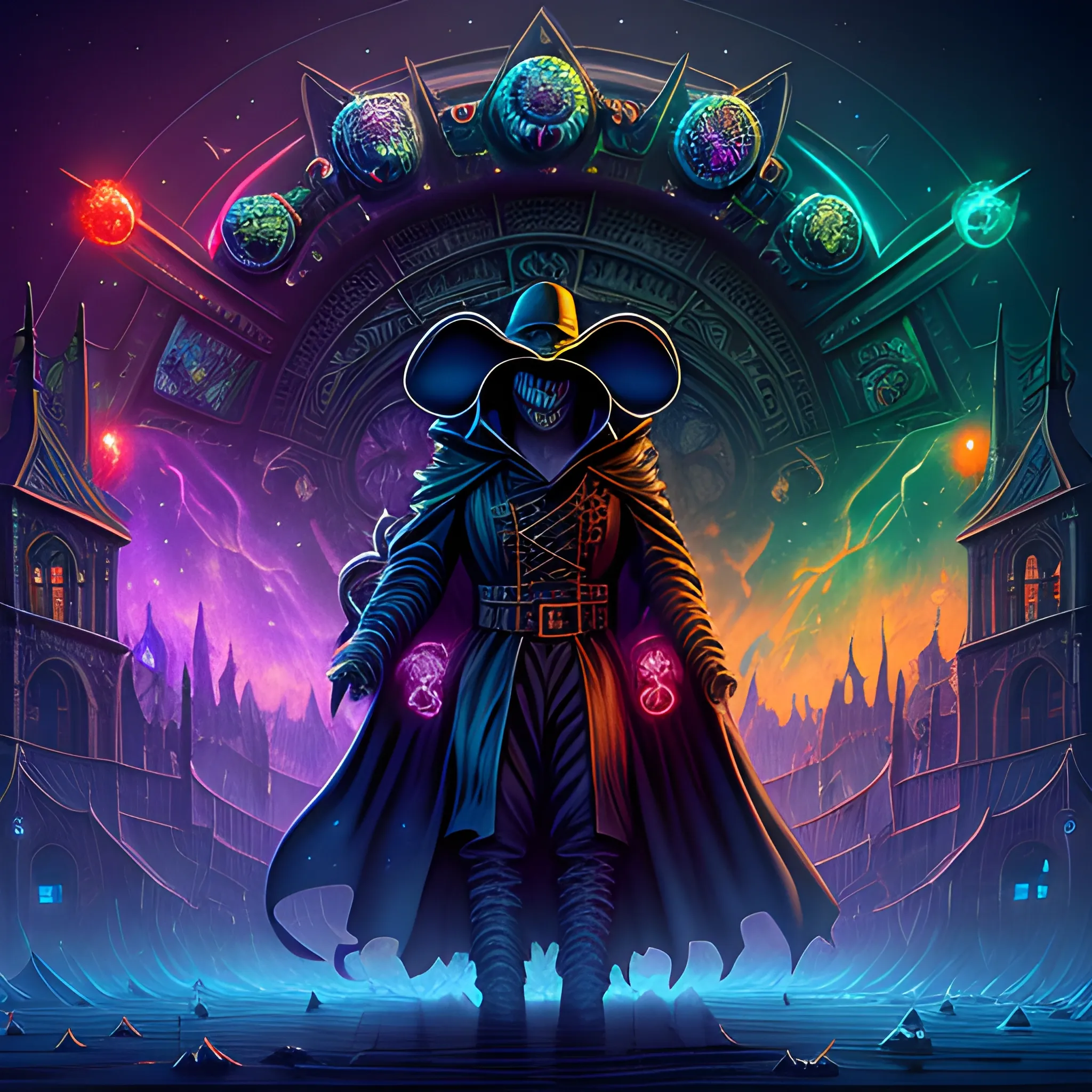 Plague Doctor, looming ominously, harbinger, Armageddon, nebula sky, luminous colorful sparkles, ominous, eldritch, macabre, spooky; by James R. Eads, Gawki, rajewel, Tania Rivilis, Dan Mumford, glitter, airbrush, Octane Render, elegant, volumetric lighting, 16k; detailed matte painting, deep color, fantastical, intricate detail, splash screen, complementary colors, fantasy concept art, 8k resolution trending on Artstation Unreal Engine 5