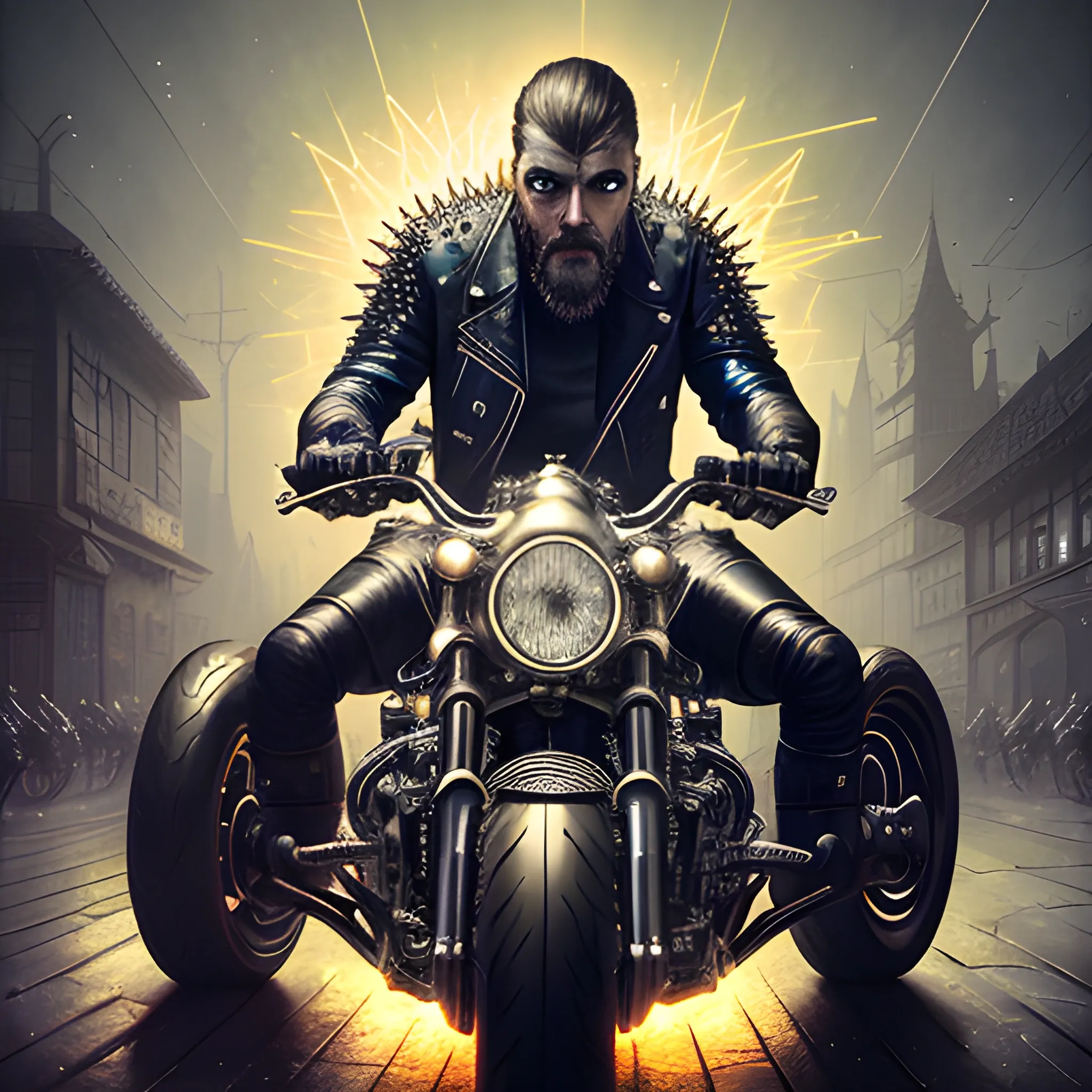 a biker man with a handsome highly detailed face, wearing leather and spikes, surrounded by luminous colorful sparkles, by Stephen Gammell, Jordan Grimmer, Zdzislaw Beksinski, Ferdinand Knab; Eldritch, dynamic lighting, hyperdetailed, deep color, Unreal Engine 5, Intricate, Elegant, Scenic, Hyper-Realistic, Hyper-Detailed, 16k