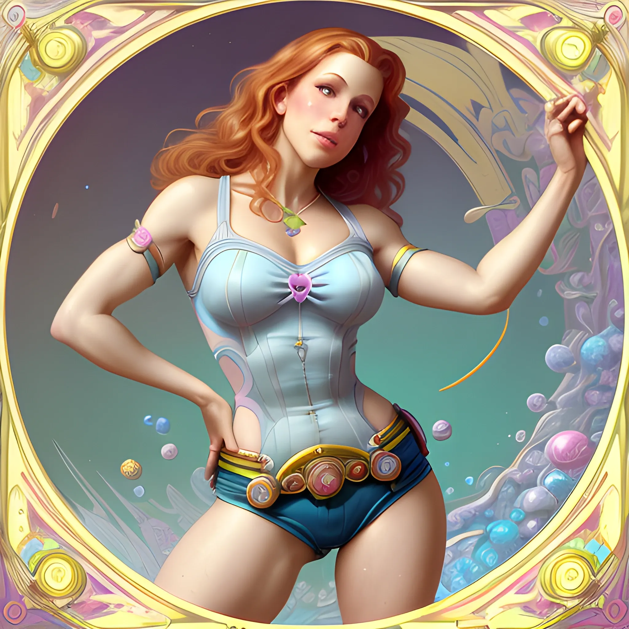 Robyn Lively wearing hotpants and roller-skates, highly detailed beautiful face; glitter, renaissance; high contrast, pastel, sorbet, pearlescent, underwater, surreal, Unreal Engine 5; by Dan Parent, Alphonse Mucha, Artgerm, WLOP, intricately detailed, fantasy, bizarre, beautiful, Chromolithography, Soft Shading, Unreal Engine; digital painting, smooth, sharp focus, illustration, art by lisa frank, Steve Goad, Frank Frazetta, William-Adolphe Bouguereau, Unreal Engine 5