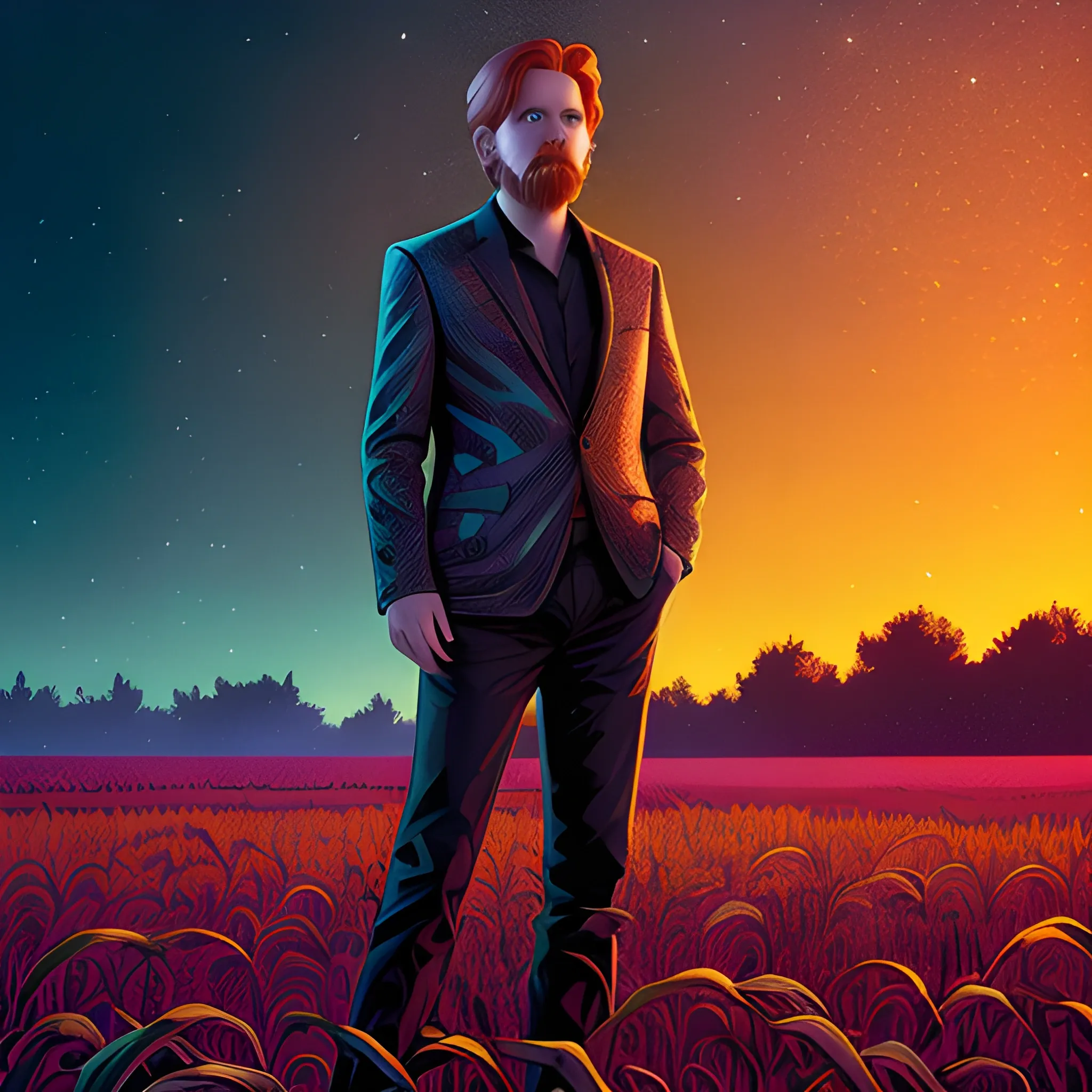 male actor Courtney Gains, his highly detailed handsome face, meticulously detailed multi-hued red hair, standing in tall corn, cornfield, nebula sky; by James R. Eads, Fausto-Giurescu, Tania Rivilis, Renata-s-art, Dan Mumford; luminous colorful sparkles, glitter, airbrush, depth of field, volumetric lighting, deep color, underground comix