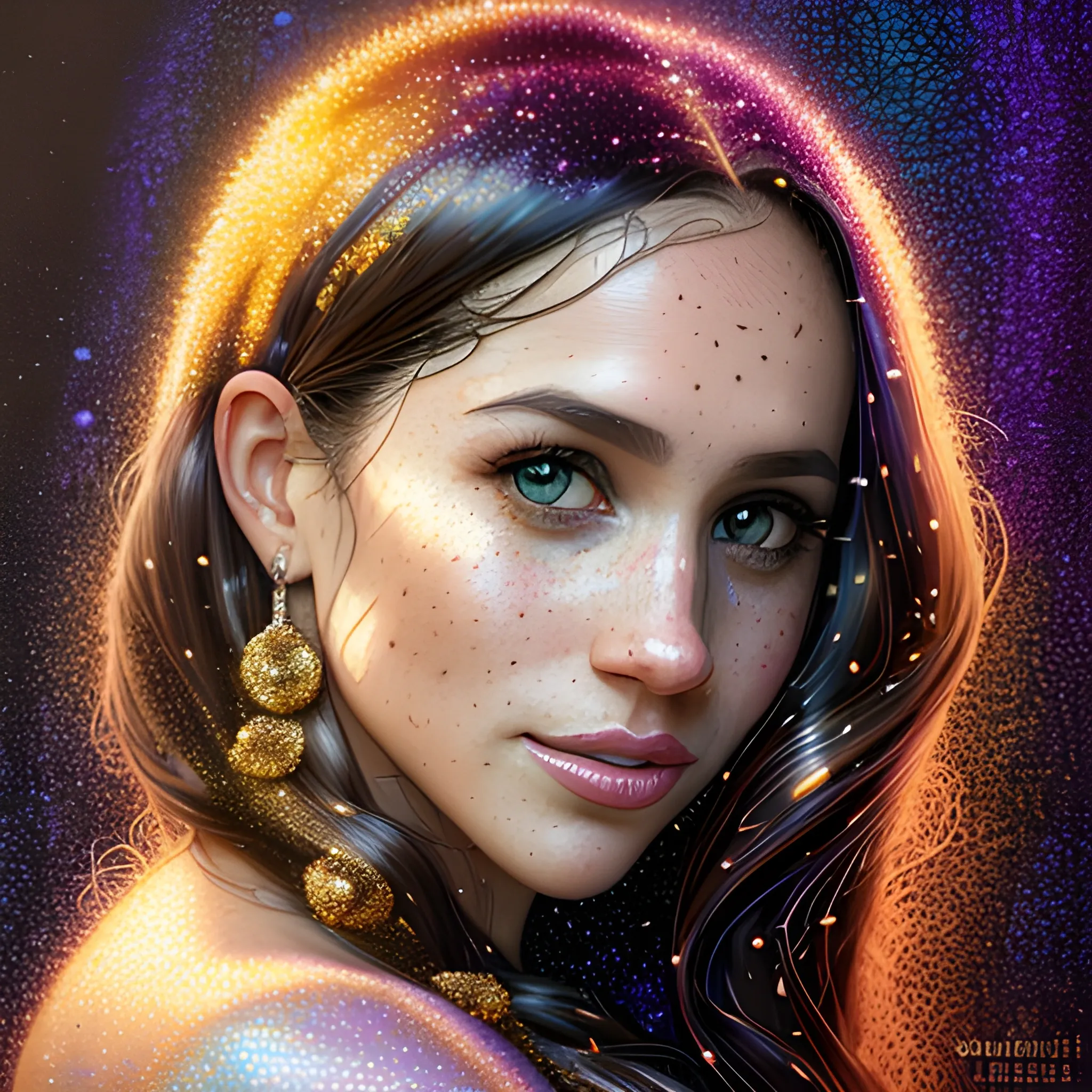 hyperdetailed oil on canvas, beautiful Meghan Markle, beautiful brown gold speckled eyes, her perfect, softly freckled, precisely detailed face, multi-hued dark hair, purple blue pink luminous color sparkles; Aja Trier, James R. Eads, Gawki, rajewel, Tania Rivilis, glitter, airbrush, Octane Render, volumetric lighting